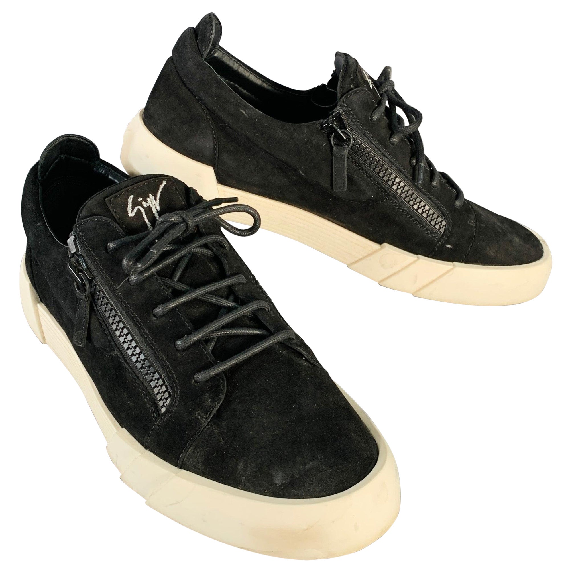 GIUSEPPE ZANOTTI Taglia 12 Scarpe da ginnastica a doppia cerniera in pelle scamosciata nera in vendita