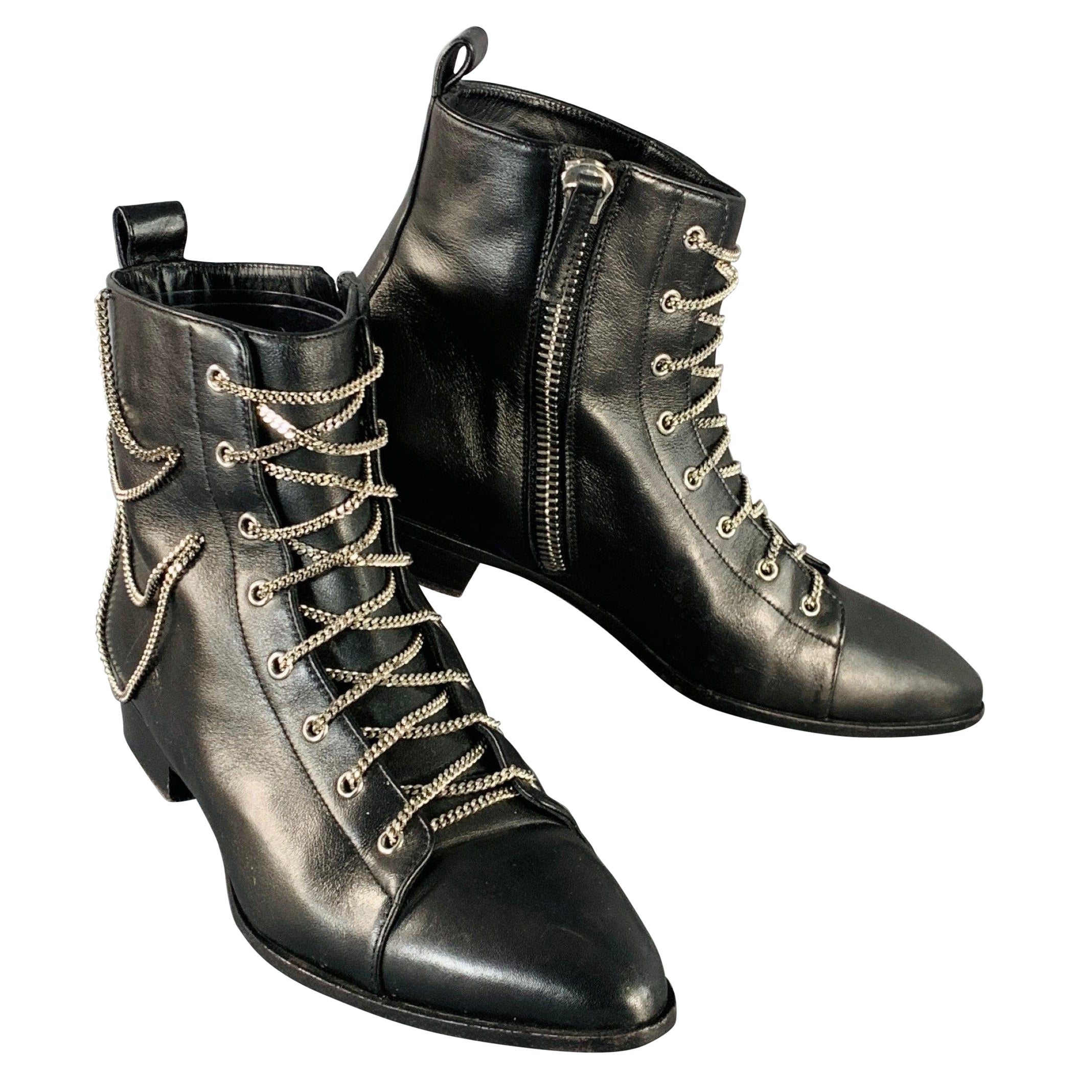 GIUSEPPE ZANOTTI Size 5 Black Leather Chain Side Zipper Ankle Boots