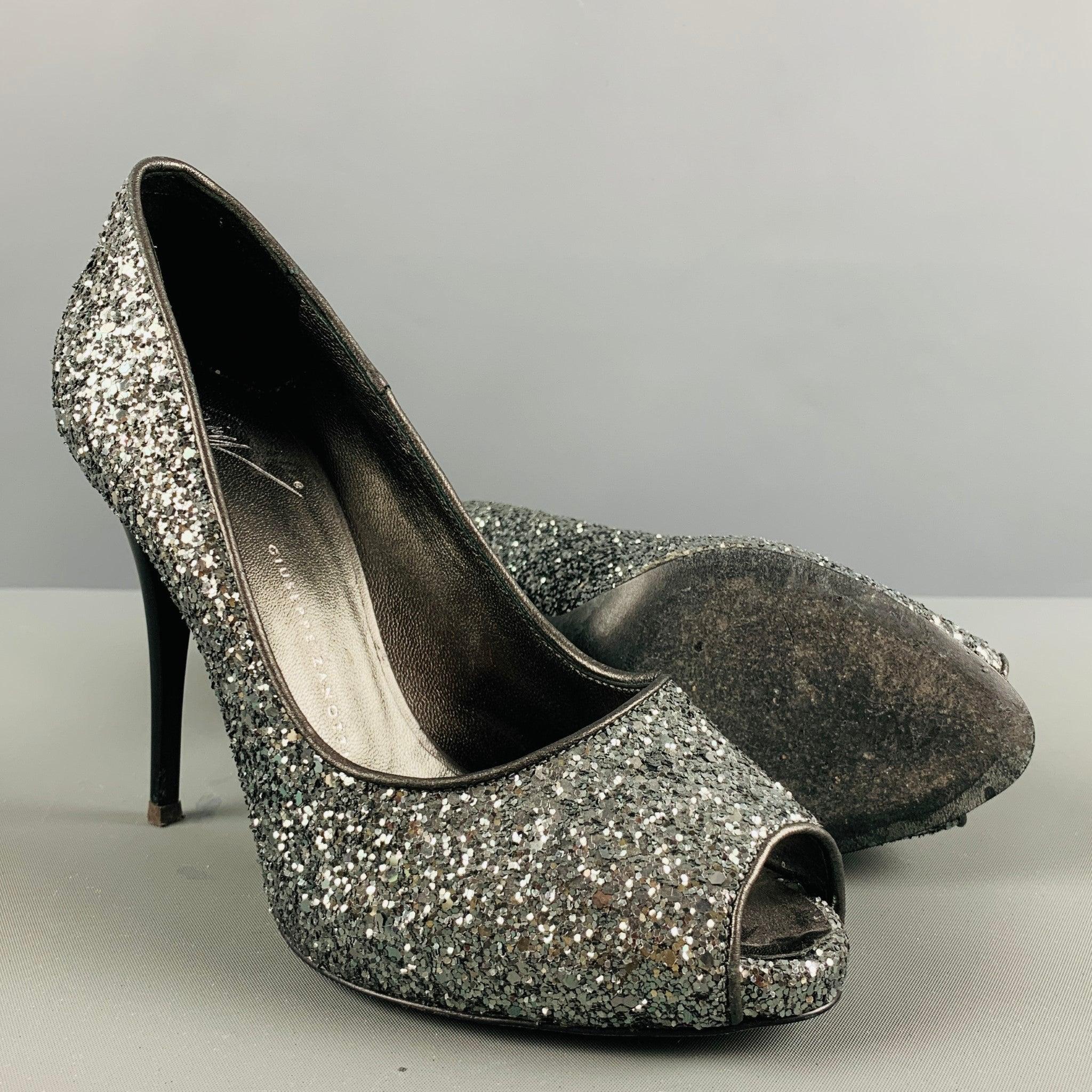 Women's GIUSEPPE ZANOTTI Size 5.5 Silver Glitter Peep Toe Pumps For Sale