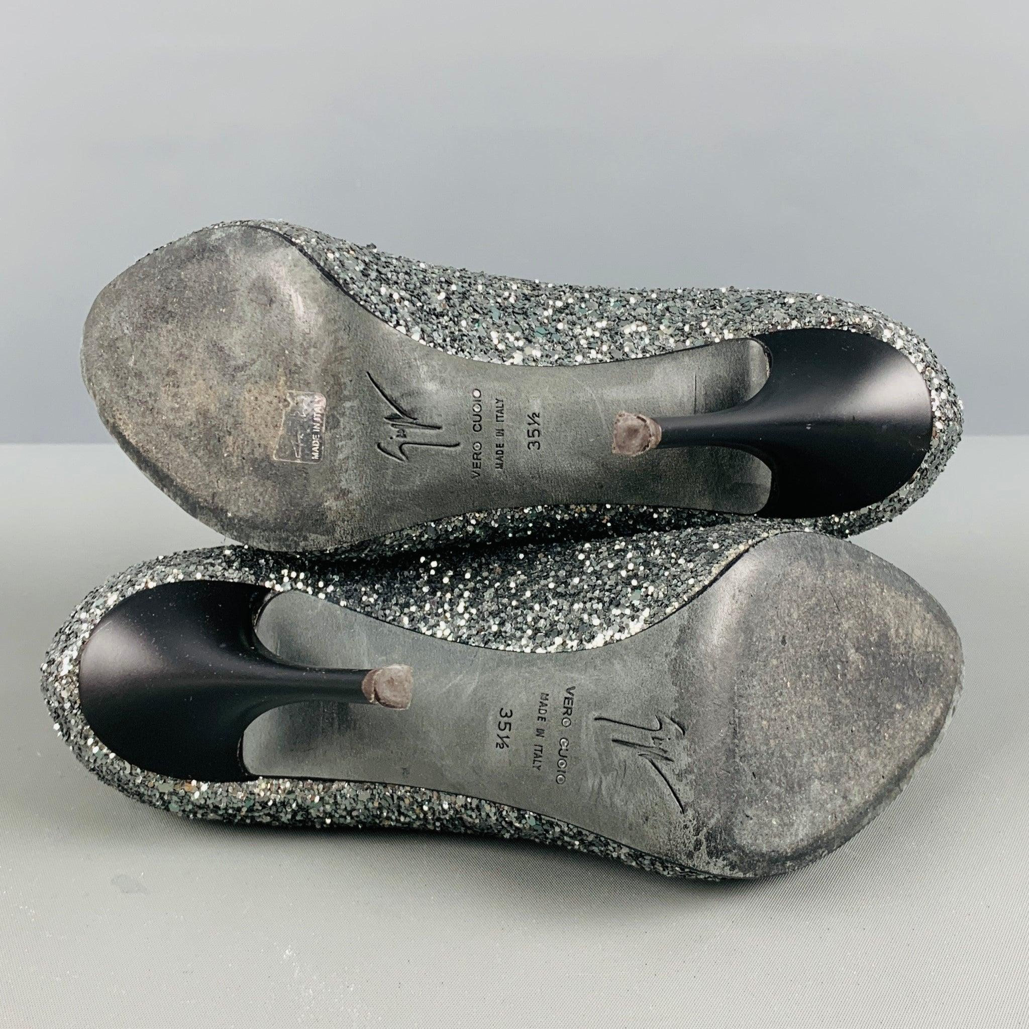 GIUSEPPE ZANOTTI Size 5.5 Silver Glitter Peep Toe Pumps For Sale 1