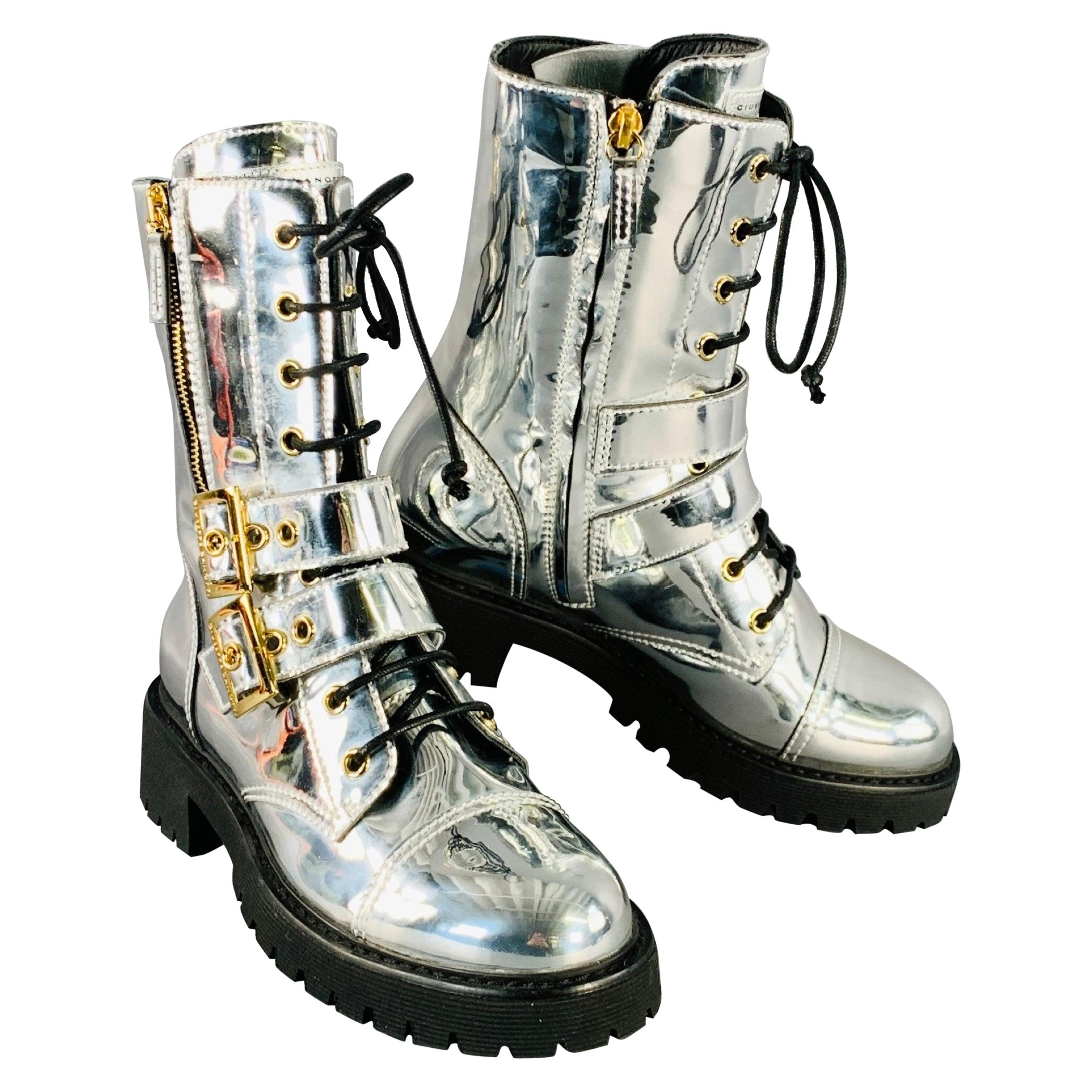 GIUSEPPE ZANOTTI Size 6 Metallic Silver Leather Belted Side Zipper Boots