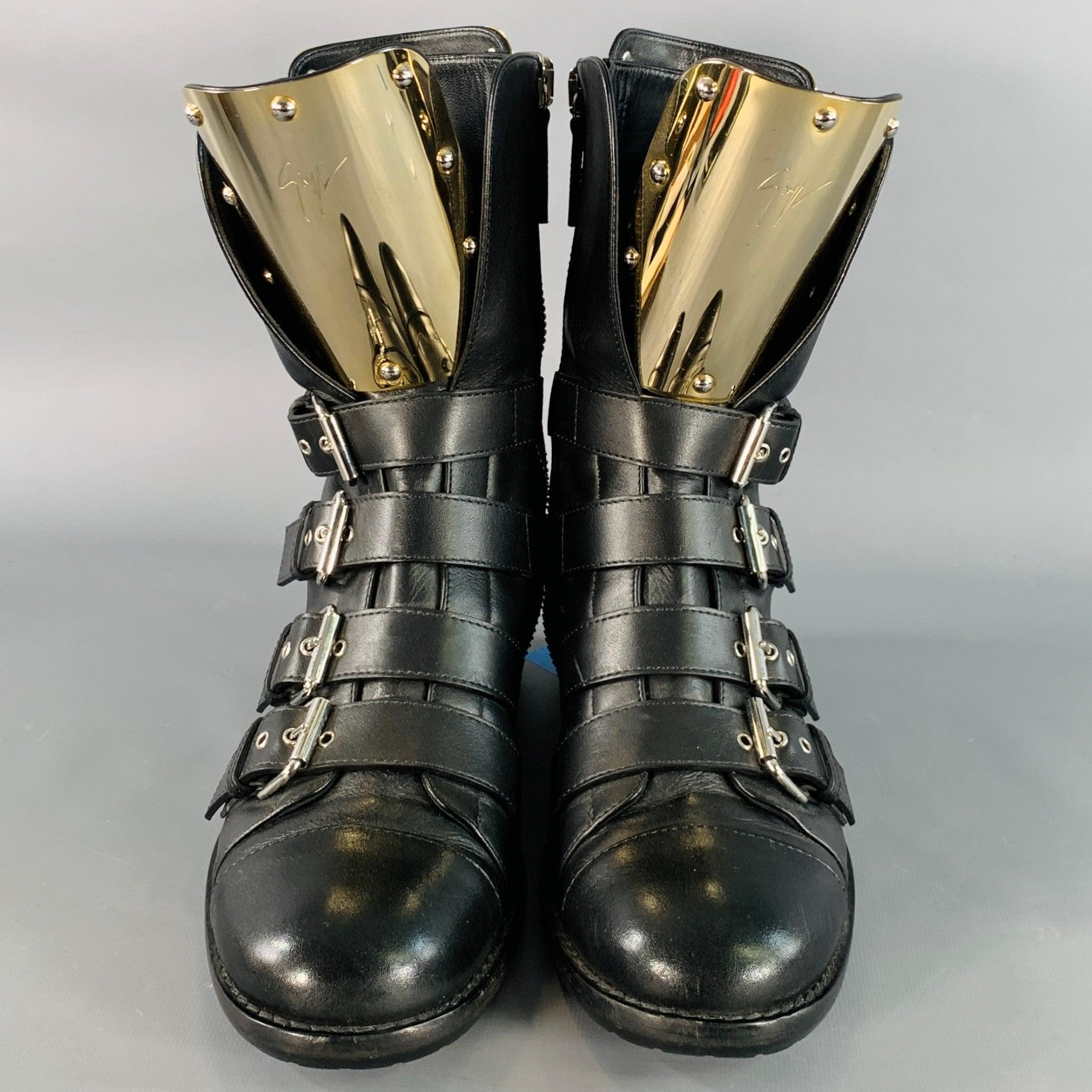 GIUSEPPE ZANOTTI Botas con cremallera y hebillas metálicas de cuero dorado negro talla 7 en Bueno estado para la venta en San Francisco, CA