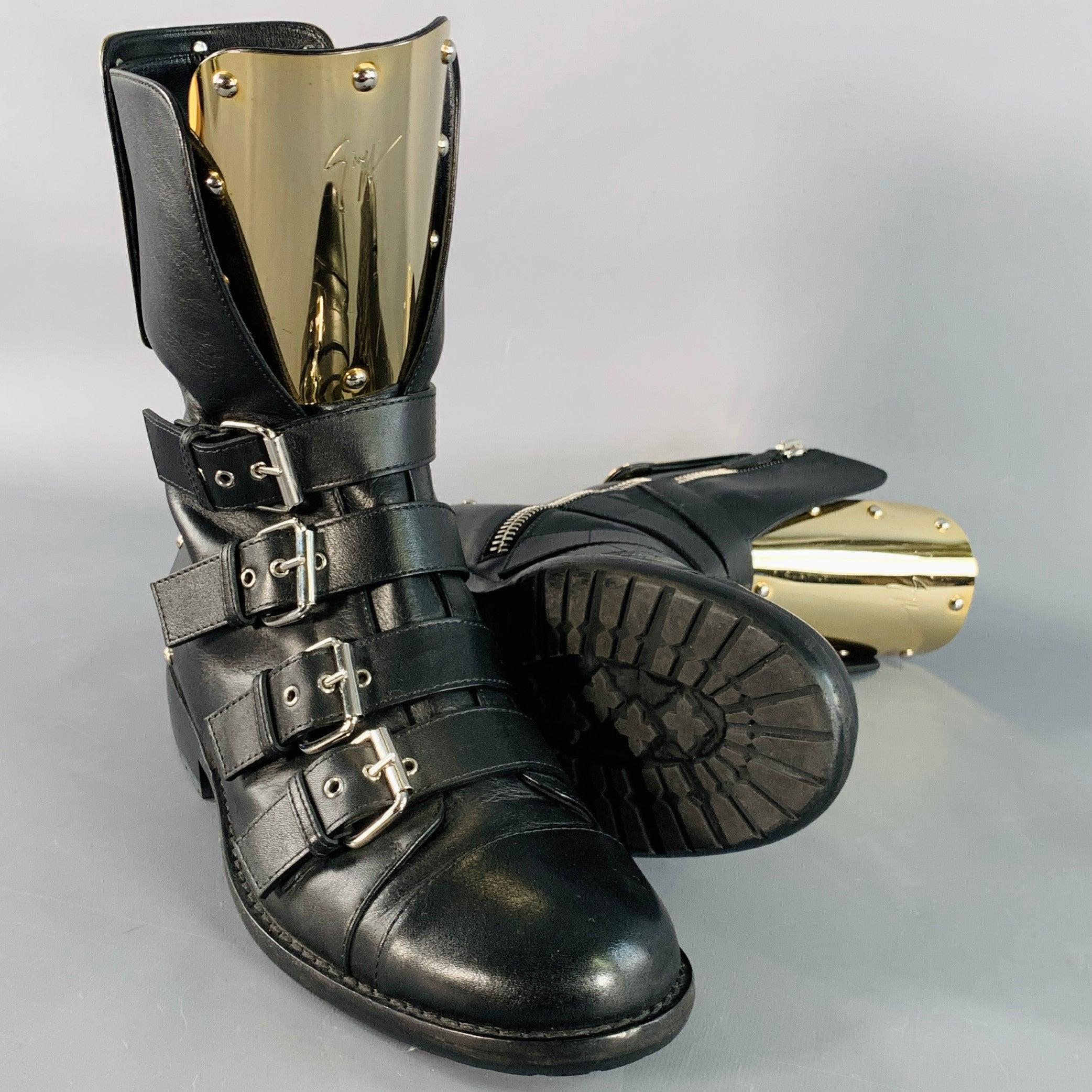 De los hombres GIUSEPPE ZANOTTI Botas con cremallera y hebillas metálicas de cuero dorado negro talla 7 en venta