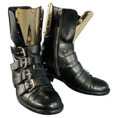 GIUSEPPE ZANOTTI Size 7 Black Gold Leather Metal Buckles Lace-Up Zipper Boots