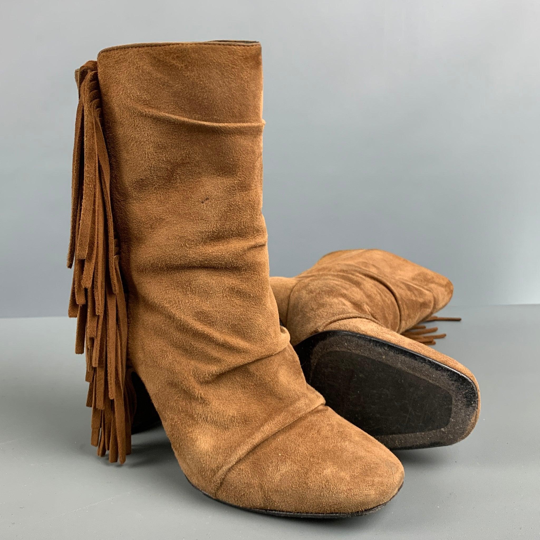GIUSEPPE ZANOTTI Size 7.5 Brown Suede Fringe Chunky heel Boots For Sale 1