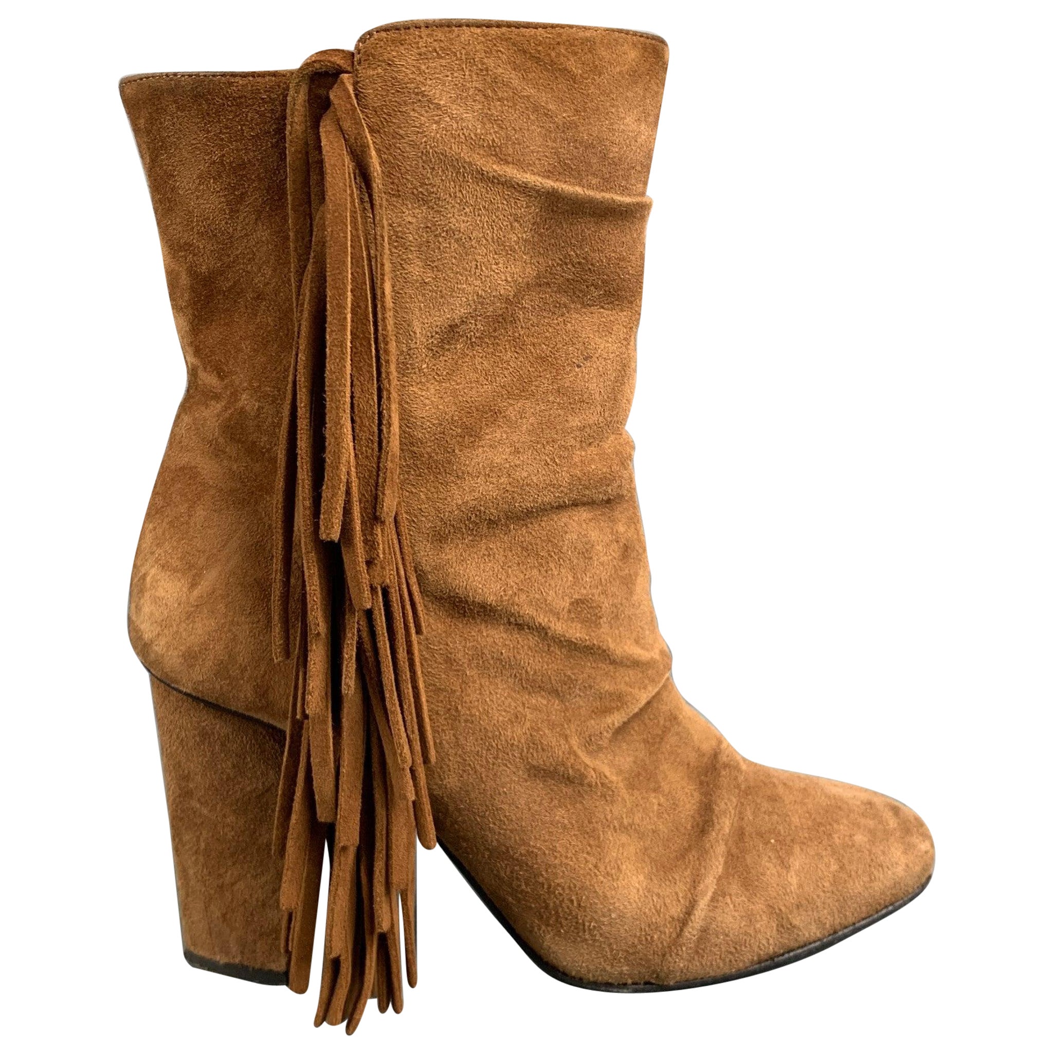 GIUSEPPE ZANOTTI Taglia 7.5 Stivali con frangia in camoscio marrone con tacco grosso