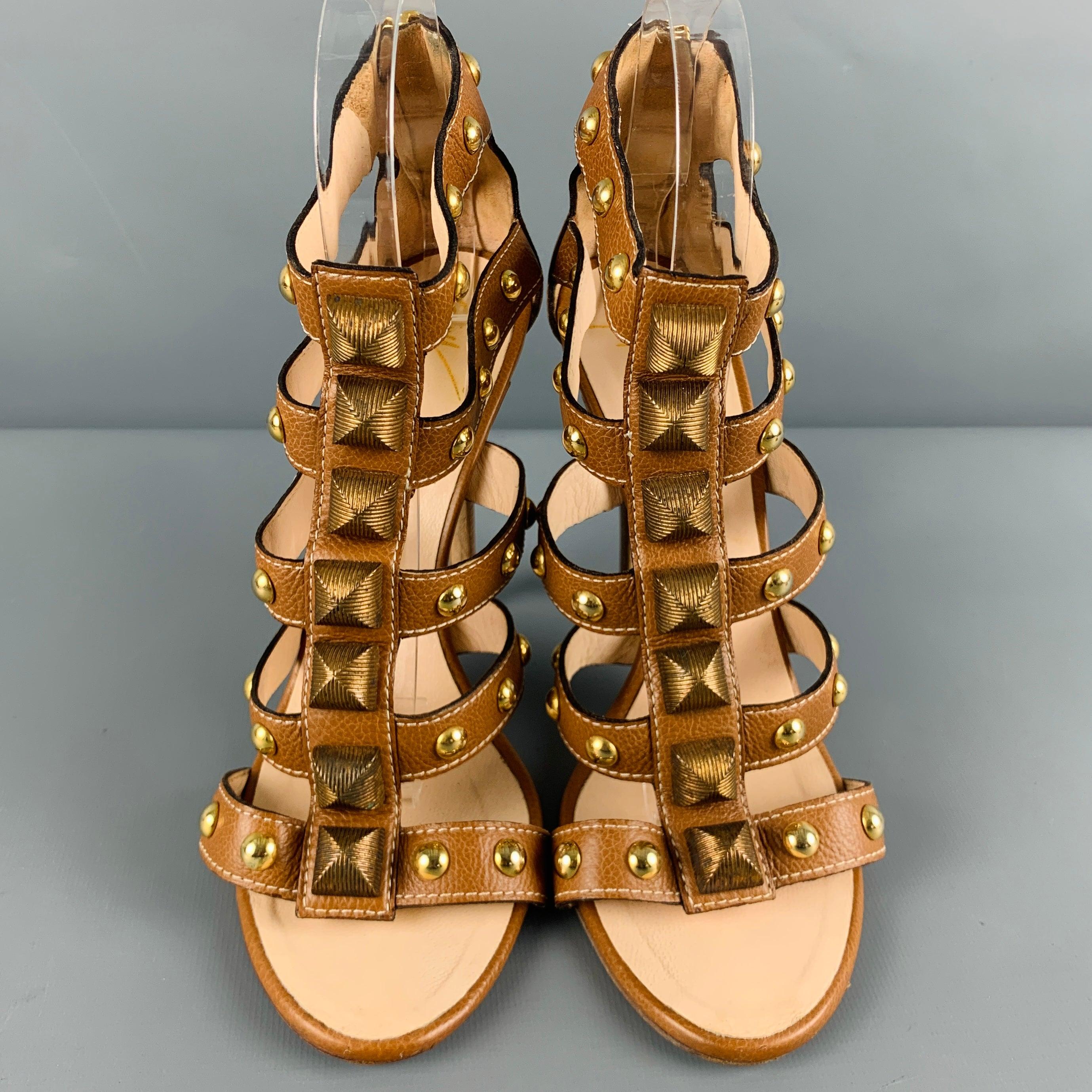 GIUSEPPE ZANOTTI Size 8 Brown Gold Leather Studded Ankle Sandals In Good Condition For Sale In San Francisco, CA
