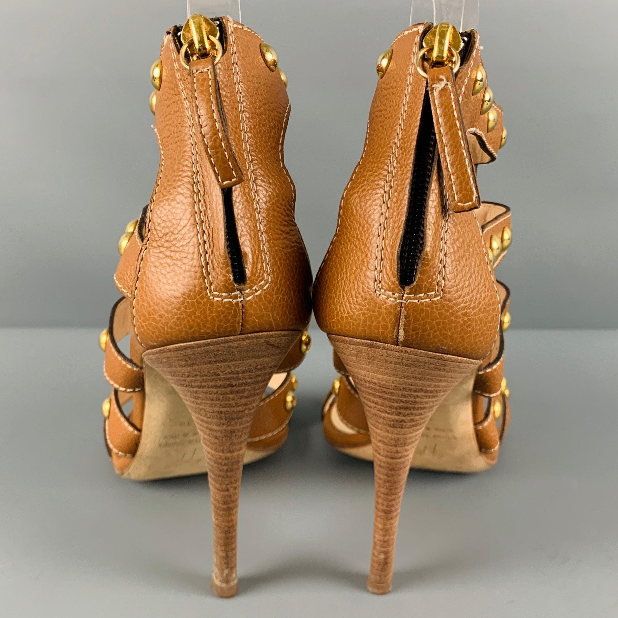 GIUSEPPE ZANOTTI Size 8 Brown Gold Leather Studded Ankle Sandals For Sale 4