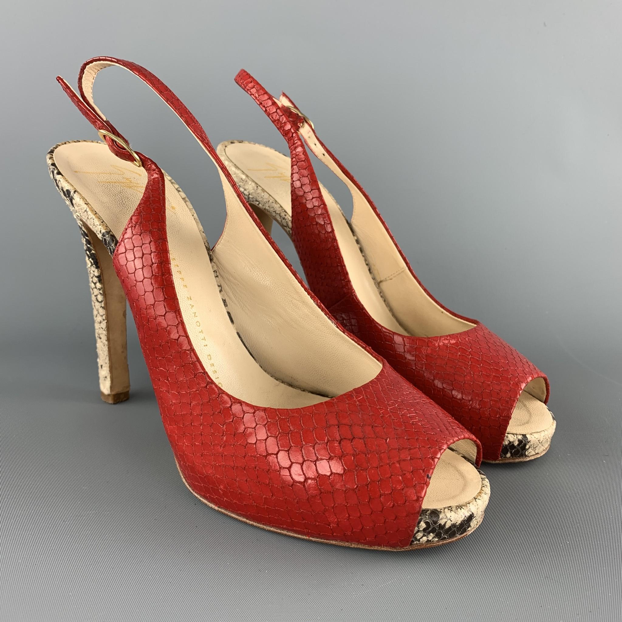 GUISEPPE ZANOTTI slingback pumps come in red snakeskin leather with a natural beige snake leather covered heel and platform. Made in Italy.

Very Good Pre-Owned Condition.
Marked: IT 38
 
Heel: 4.95 in.
Platform: 0.65 in.