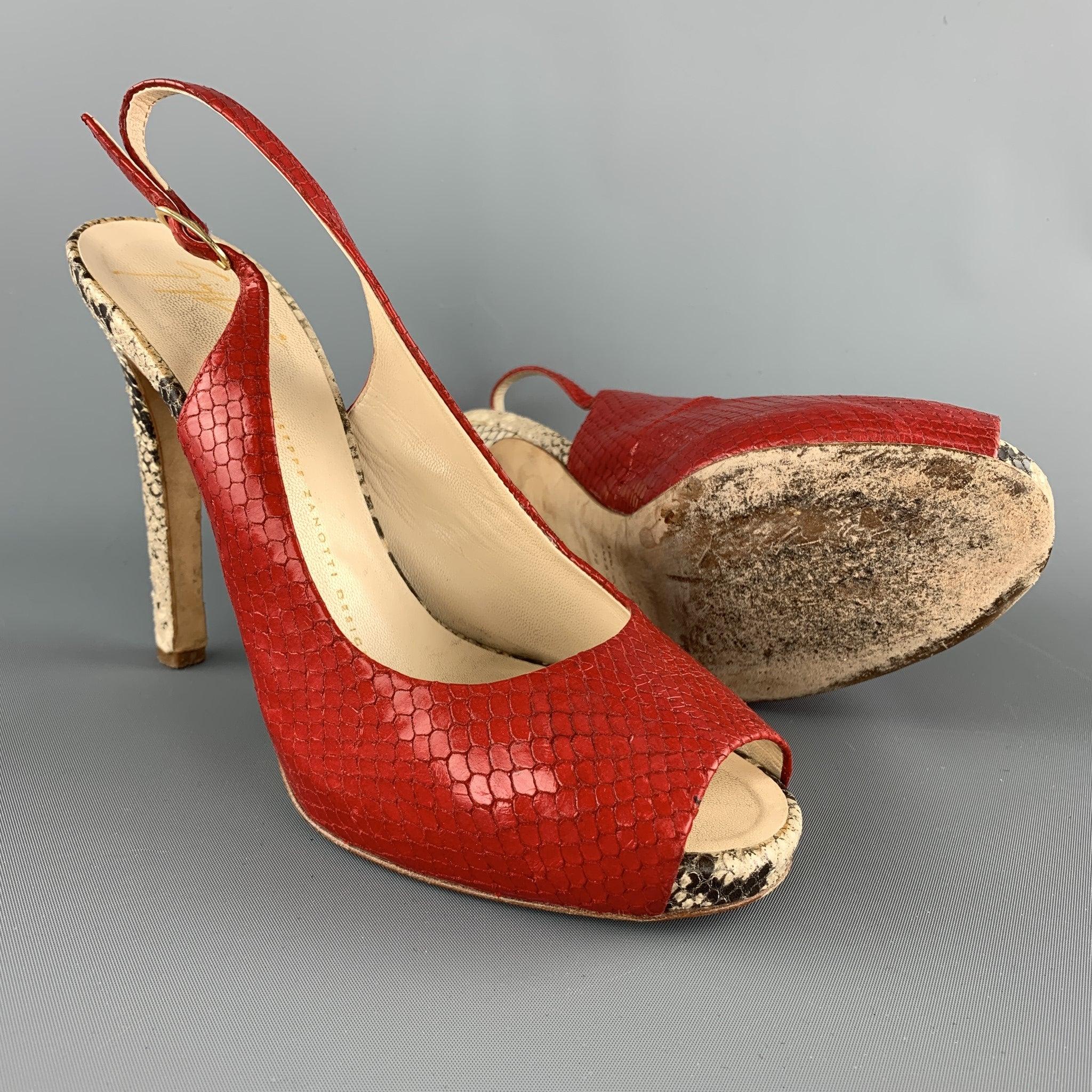 GIUSEPPE ZANOTTI Size 8 Red & Beige Snake Skin Slingback Peep Toe Pumps In Good Condition For Sale In San Francisco, CA