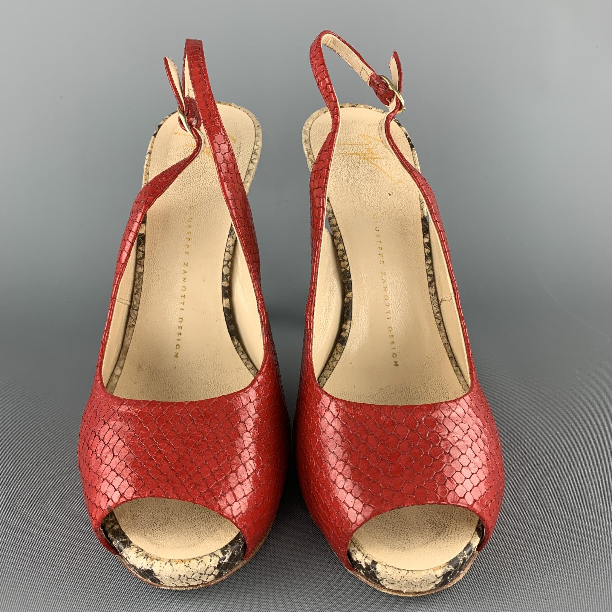 Women's GIUSEPPE ZANOTTI Size 8 Red & Beige Snake Skin Slingback Peep Toe Pumps For Sale
