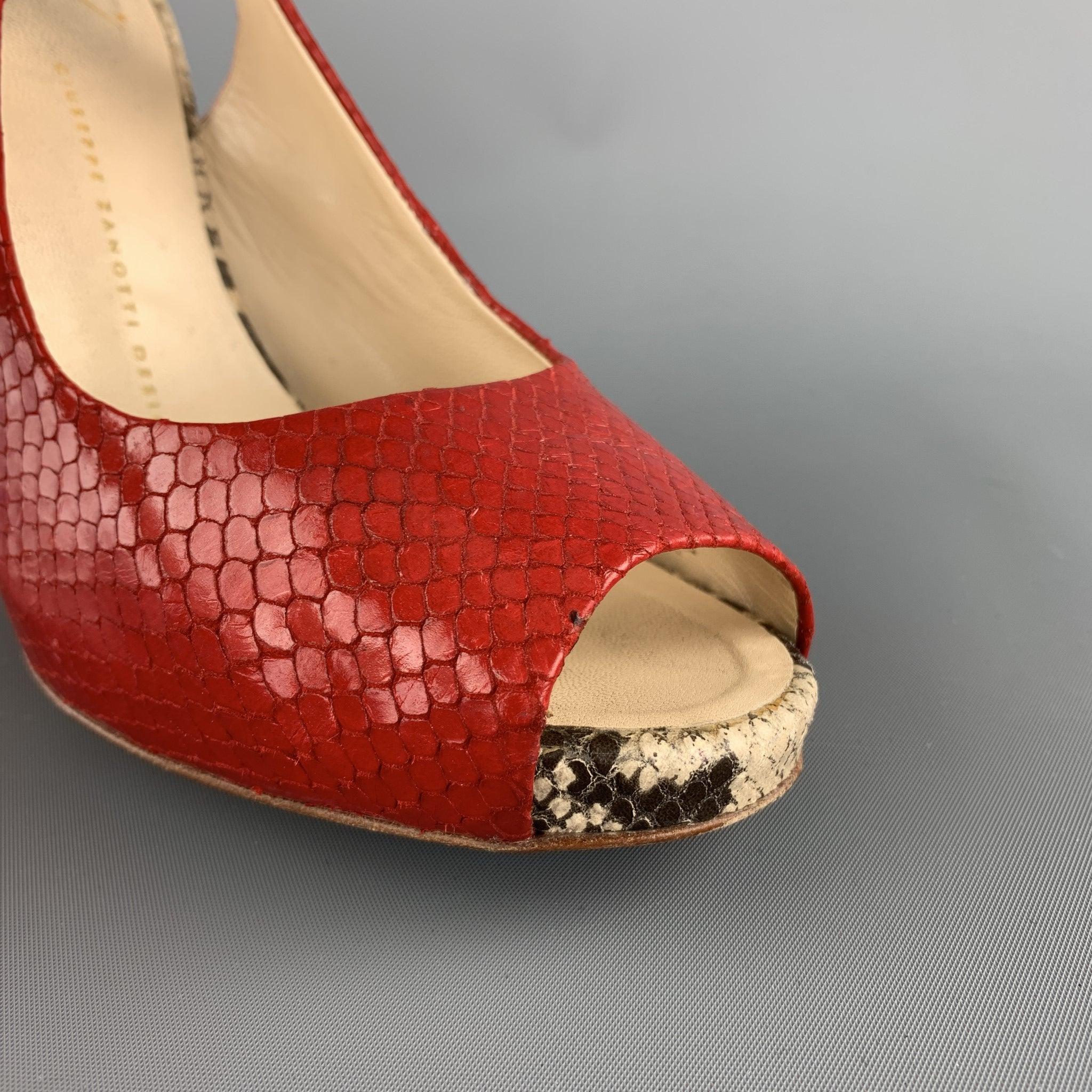 GIUSEPPE ZANOTTI Size 8 Red & Beige Snake Skin Slingback Peep Toe Pumps For Sale 1