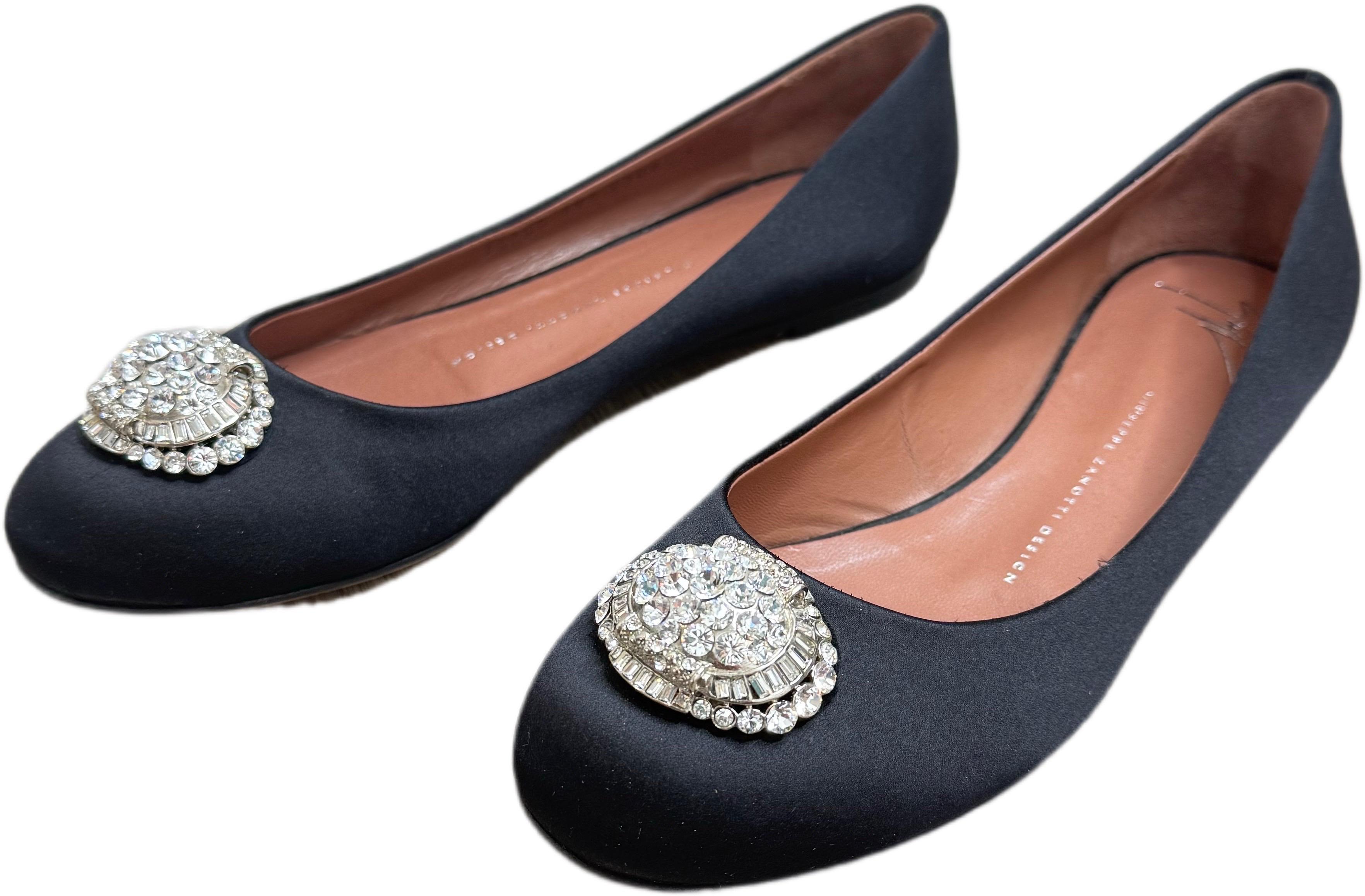 Giuseppe Zanotti Size 8.5 Black Satin Crystal Brooch Ballet Flats Made in Italy For Sale 8