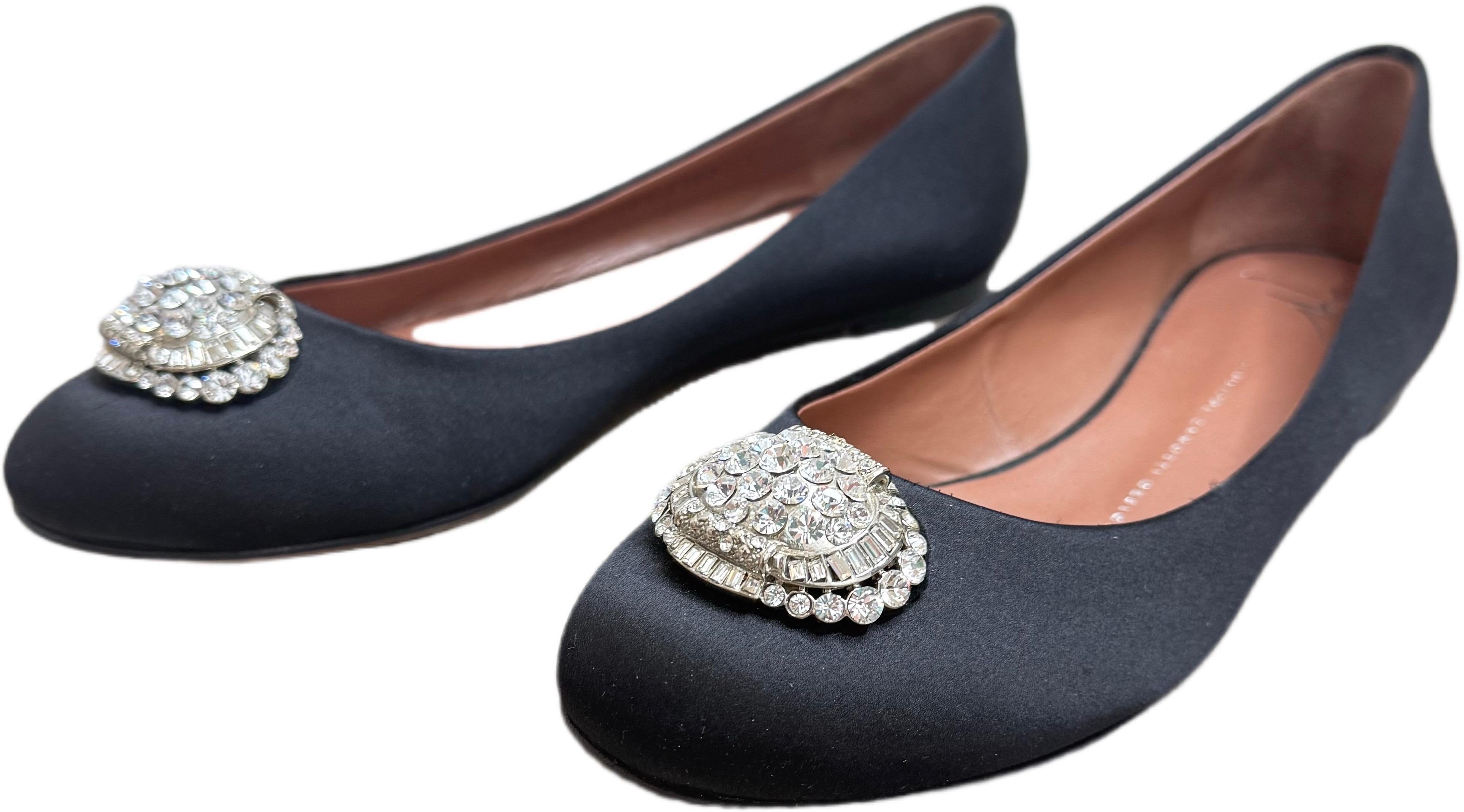 Women's Giuseppe Zanotti Size 8.5 Black Satin Crystal Brooch Ballet Flats Made in Italy For Sale