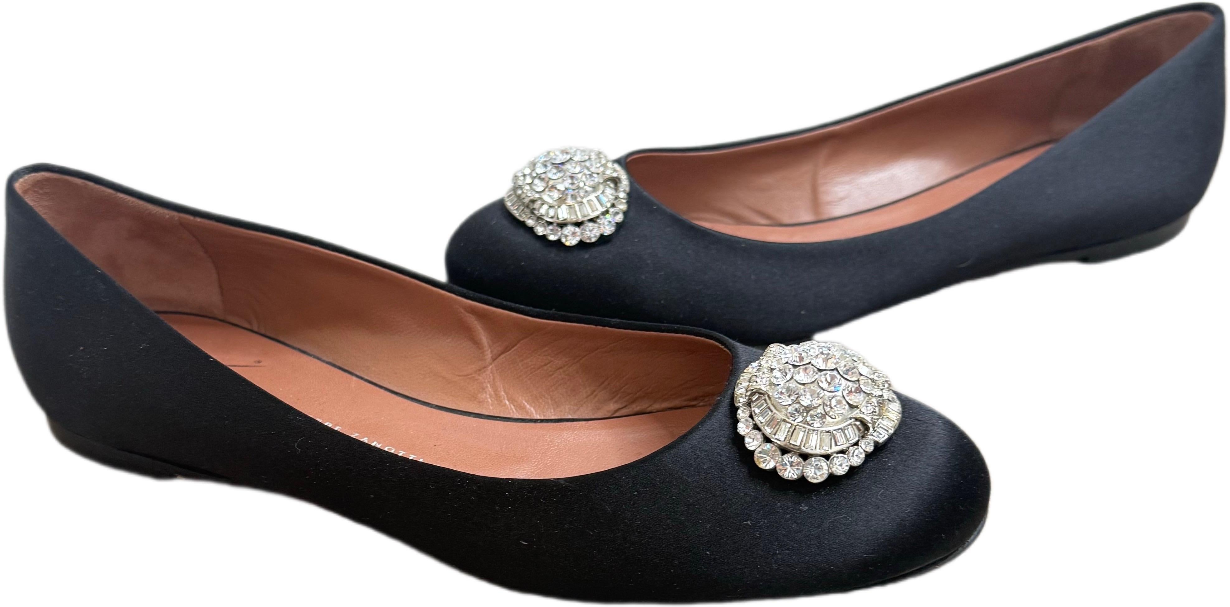 Giuseppe Zanotti Size 8.5 Black Satin Crystal Brooch Ballet Flats Made in Italy For Sale 3