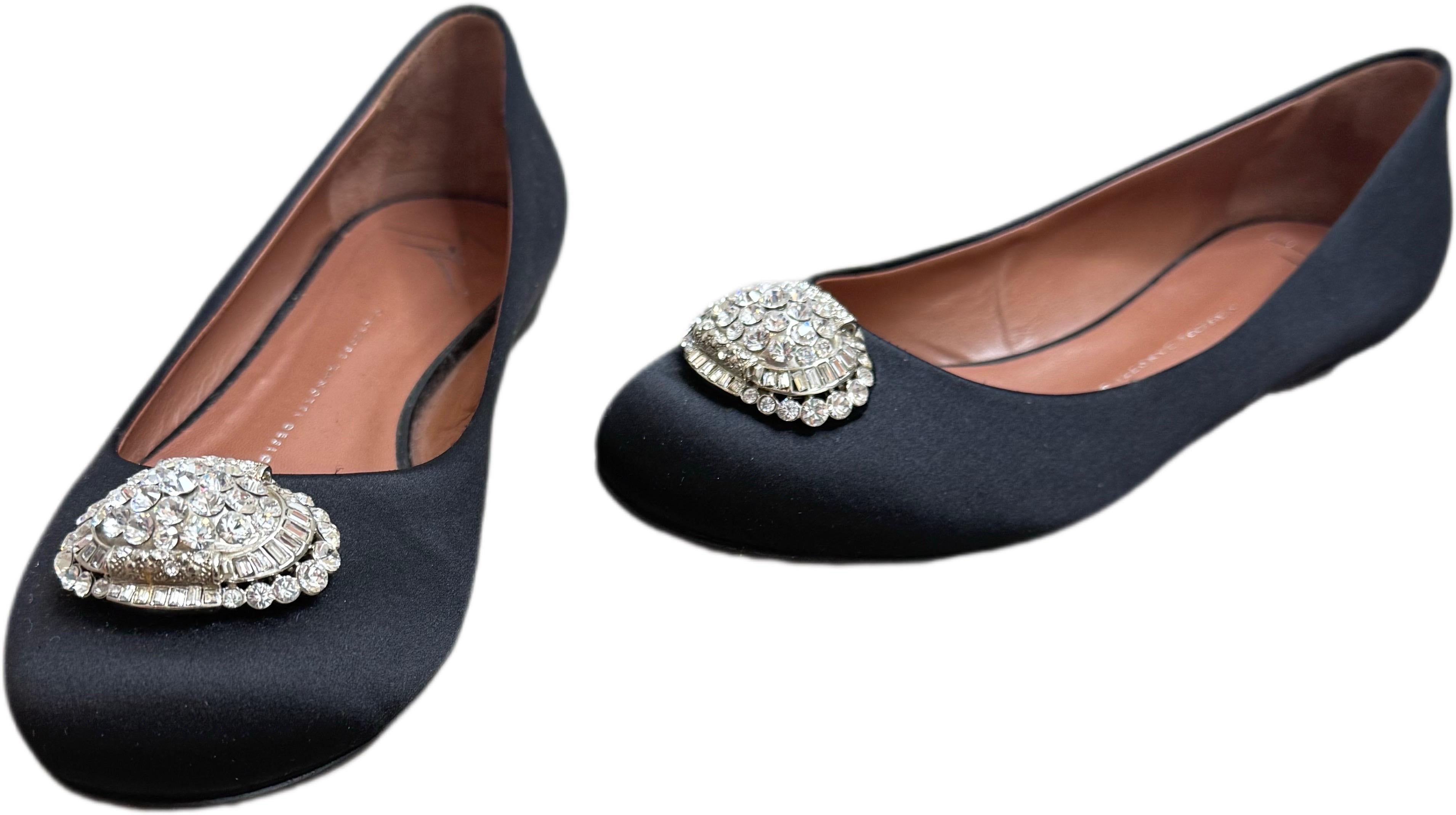 Giuseppe Zanotti Size 8.5 Black Satin Crystal Brooch Ballet Flats Made in Italy For Sale 4