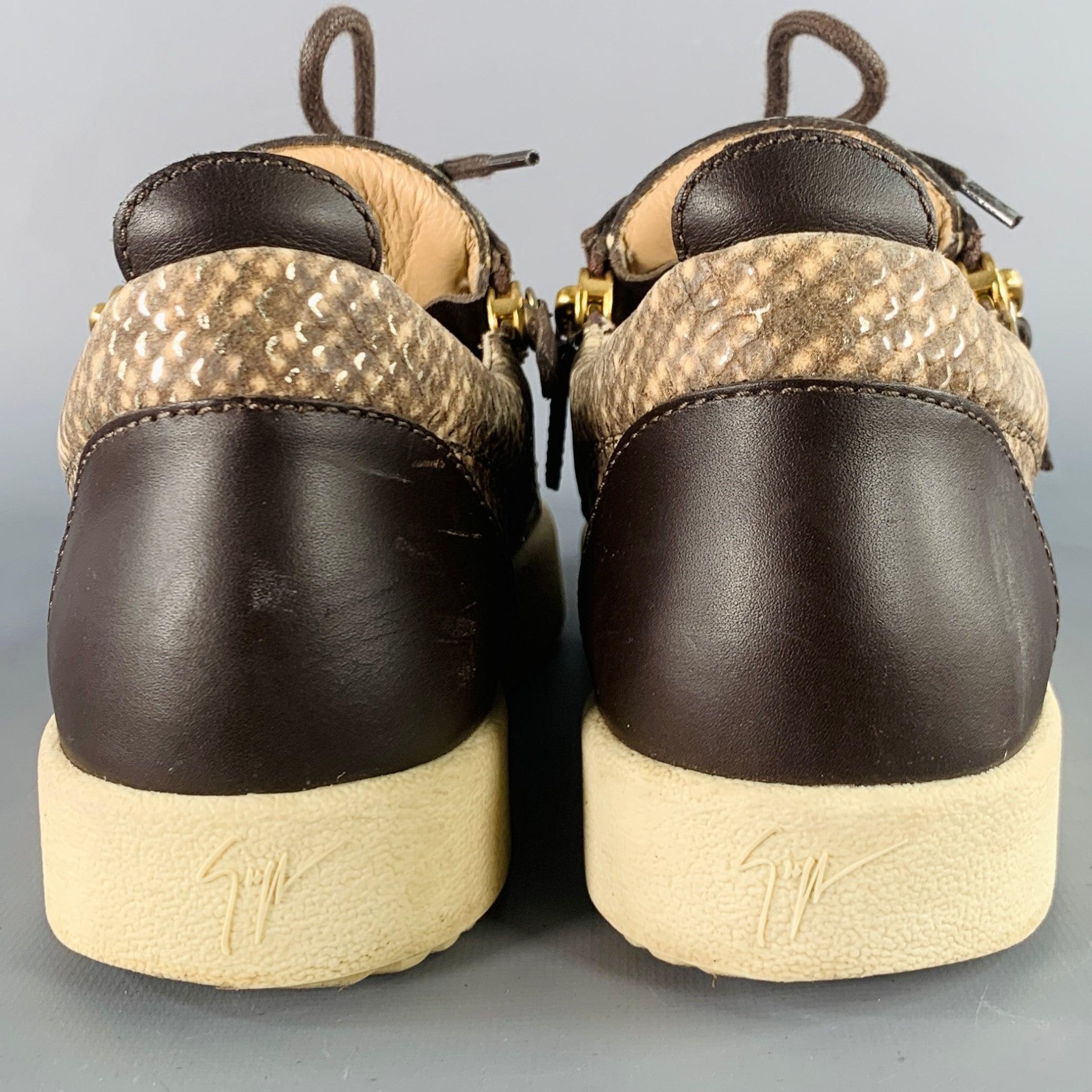 GIUSEPPE ZANOTTI Größe 9 Beige Braun Leder Texturiert Doppelseitiger Reißverschluss Sneakers im Zustand „Gut“ im Angebot in San Francisco, CA
