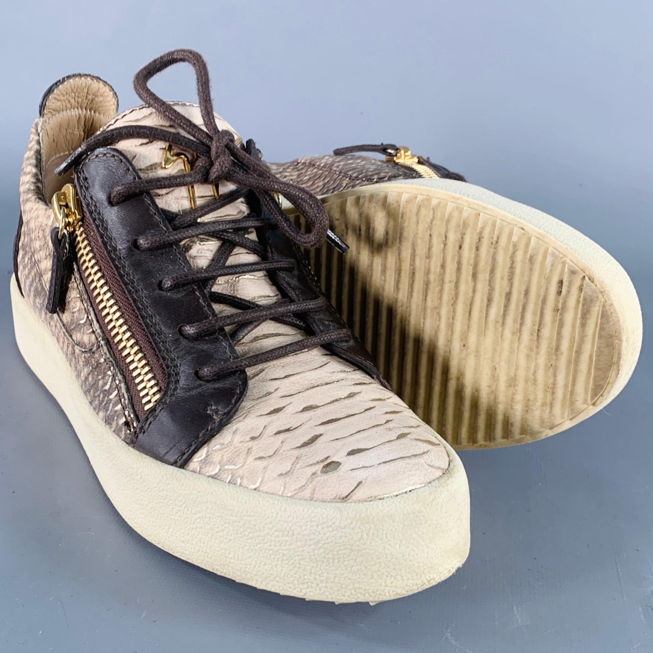 GIUSEPPE ZANOTTI Größe 9 Beige Braun Leder Texturiert Doppelseitiger Reißverschluss Sneakers im Angebot 1