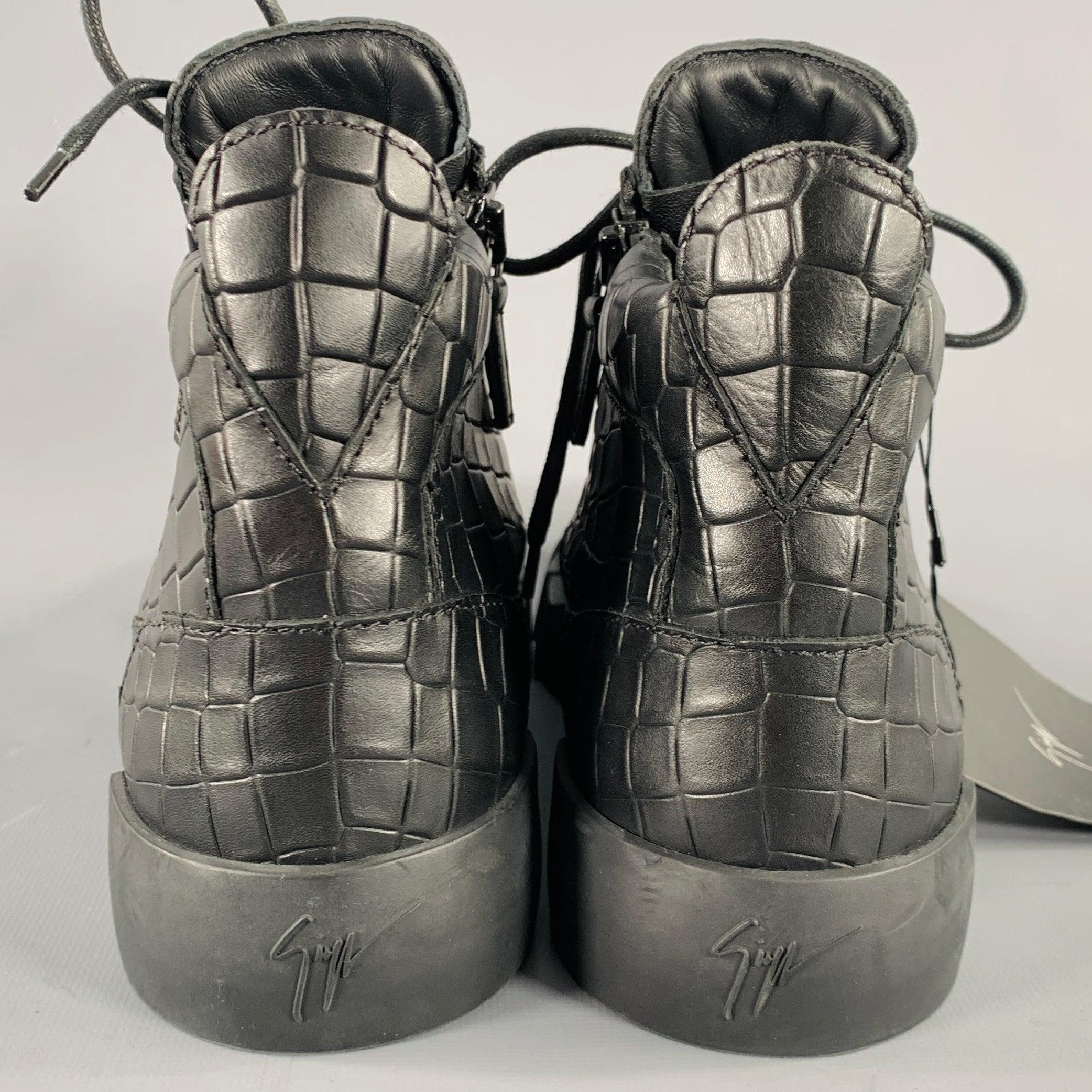 GIUSEPPE ZANOTTI Size 9 Black Croc Embossed Leather High Top Sneakers In Excellent Condition For Sale In San Francisco, CA