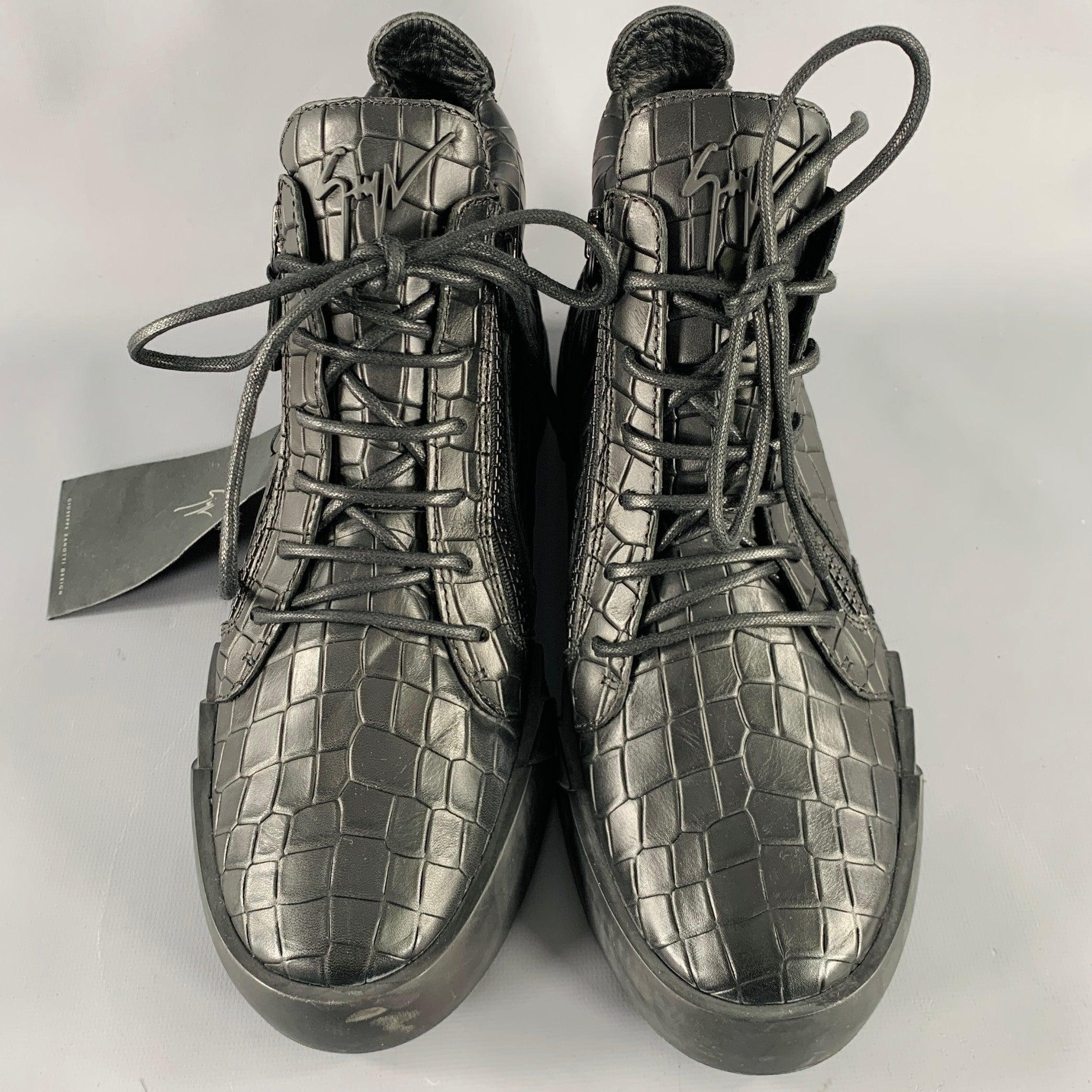 Men's GIUSEPPE ZANOTTI Size 9 Black Croc Embossed Leather High Top Sneakers For Sale