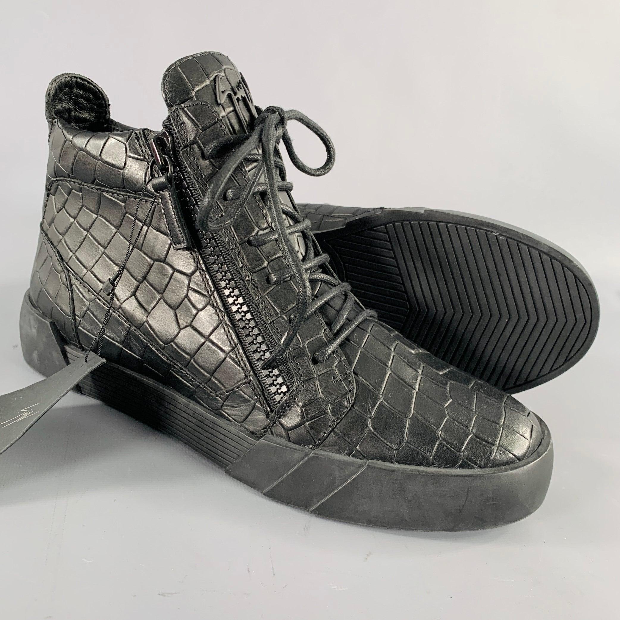 GIUSEPPE ZANOTTI Size 9 Black Croc Embossed Leather High Top Sneakers For Sale 1
