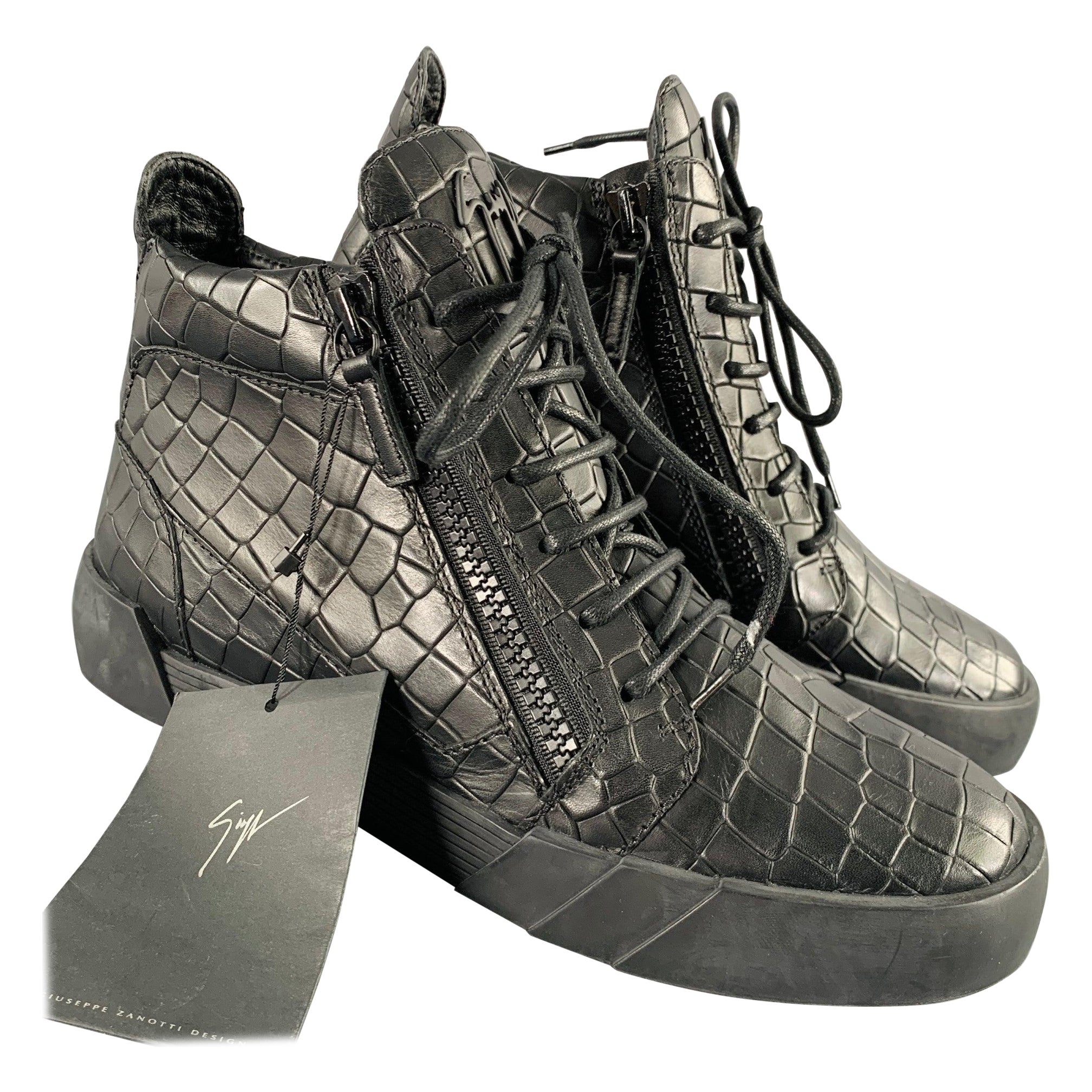 GIUSEPPE ZANOTTI Größe 9 Schwarze High Top-Turnschuhe aus Leder mit Krokodillederprägung