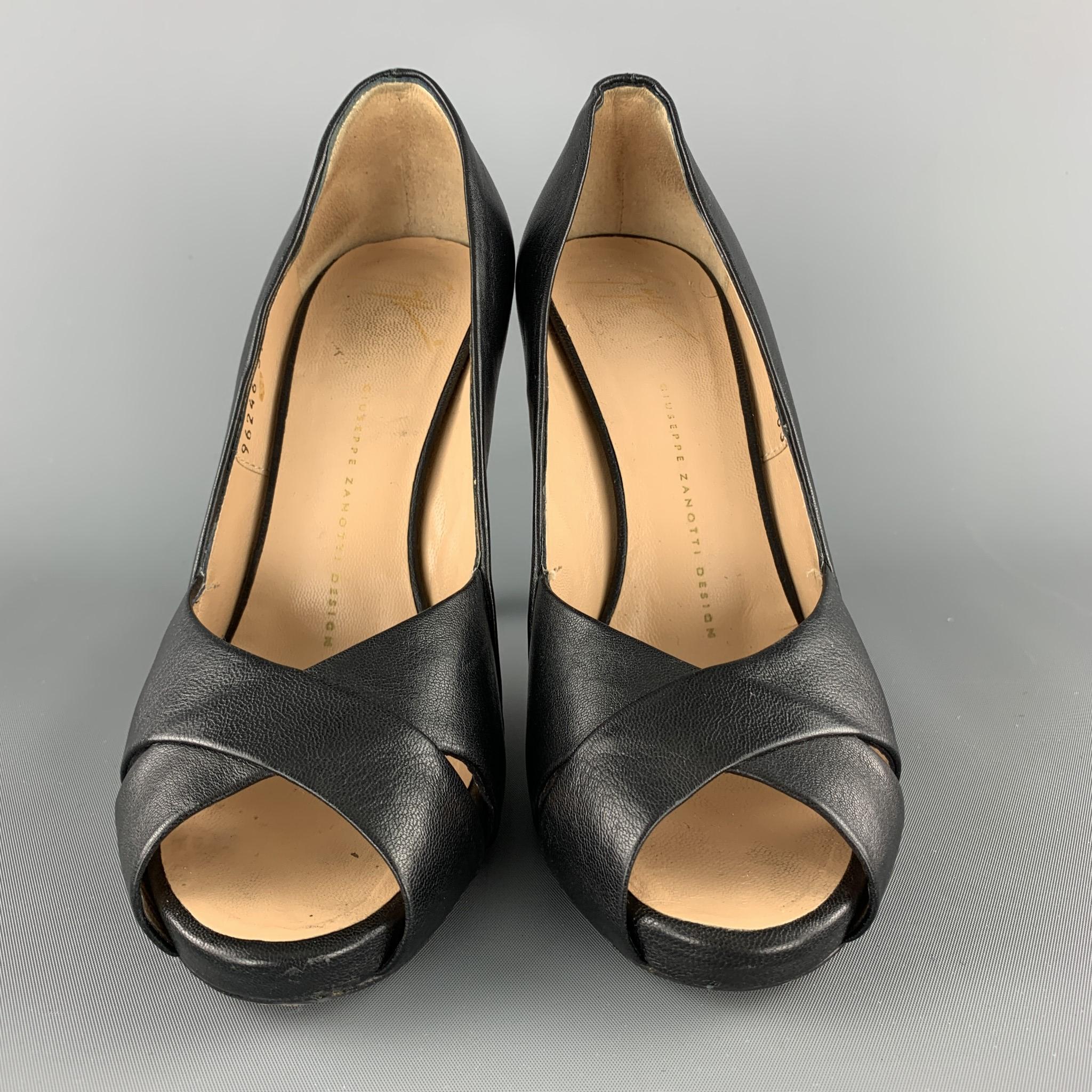 GIUSEPPE ZANOTTI Size US 7.5 Black Leather Peep Toe Cutout Pumps Heels In Excellent Condition In San Francisco, CA