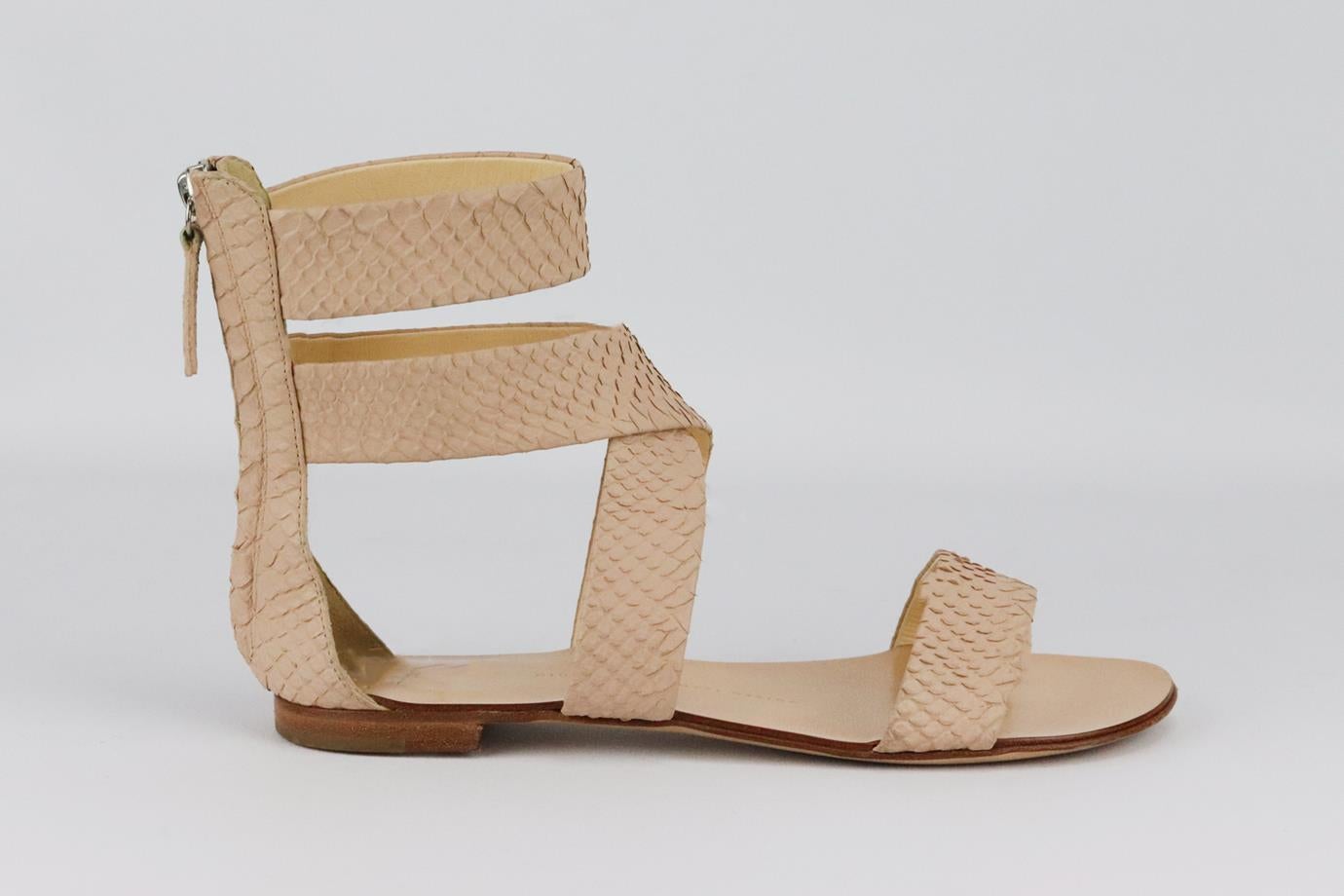 Giuseppe Zanotti snake effect leather sandals. Nude. Zip fastening at back. Does not come with box or dustbag. Size: EU 37 (UK 4, US 7). Insole: 9.3 in. Heel: 0.5 in
