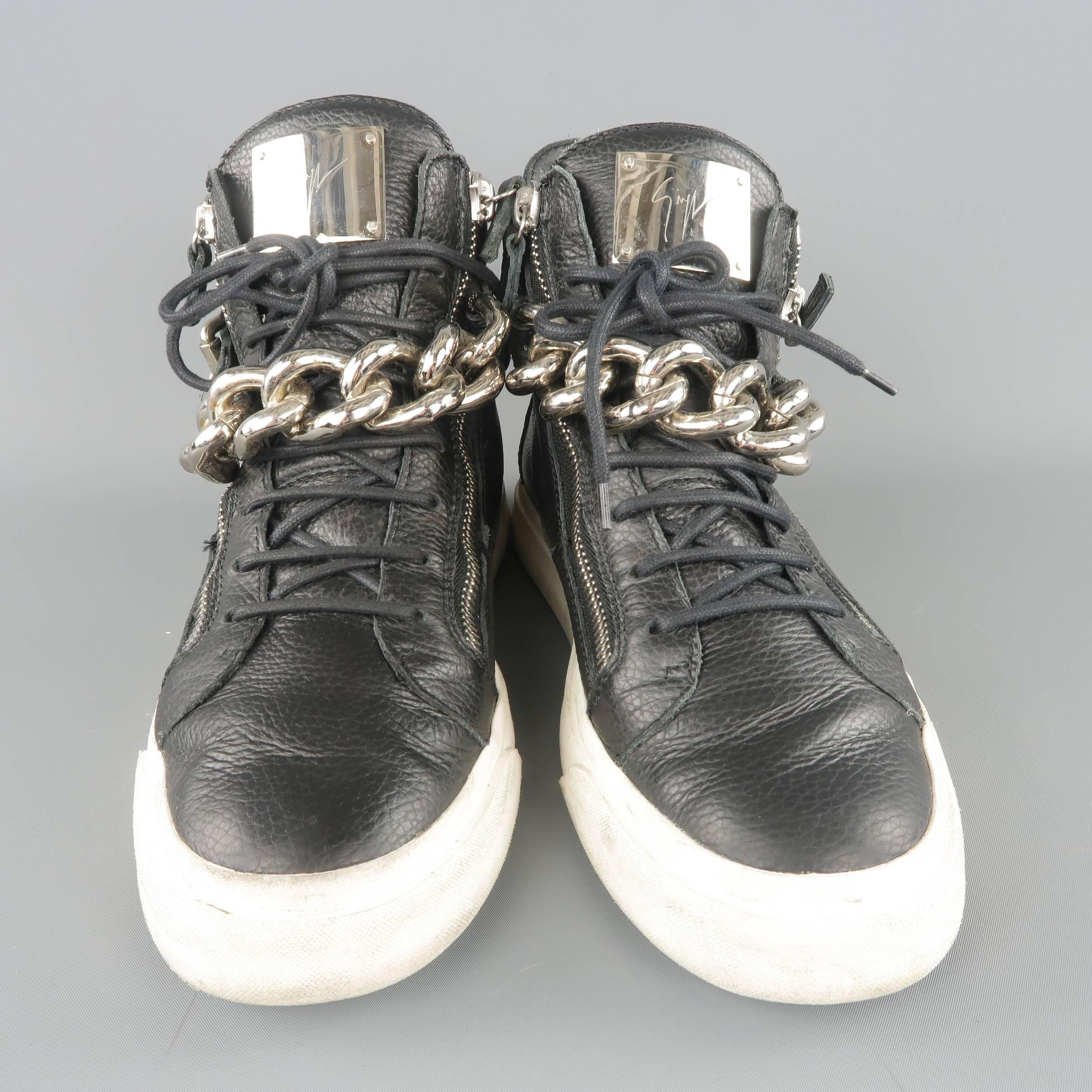 GIUSEPPE ZANOTTI Sneakers 10 Black Textured Leather Silver Chain Bangle High Top In Fair Condition In San Francisco, CA