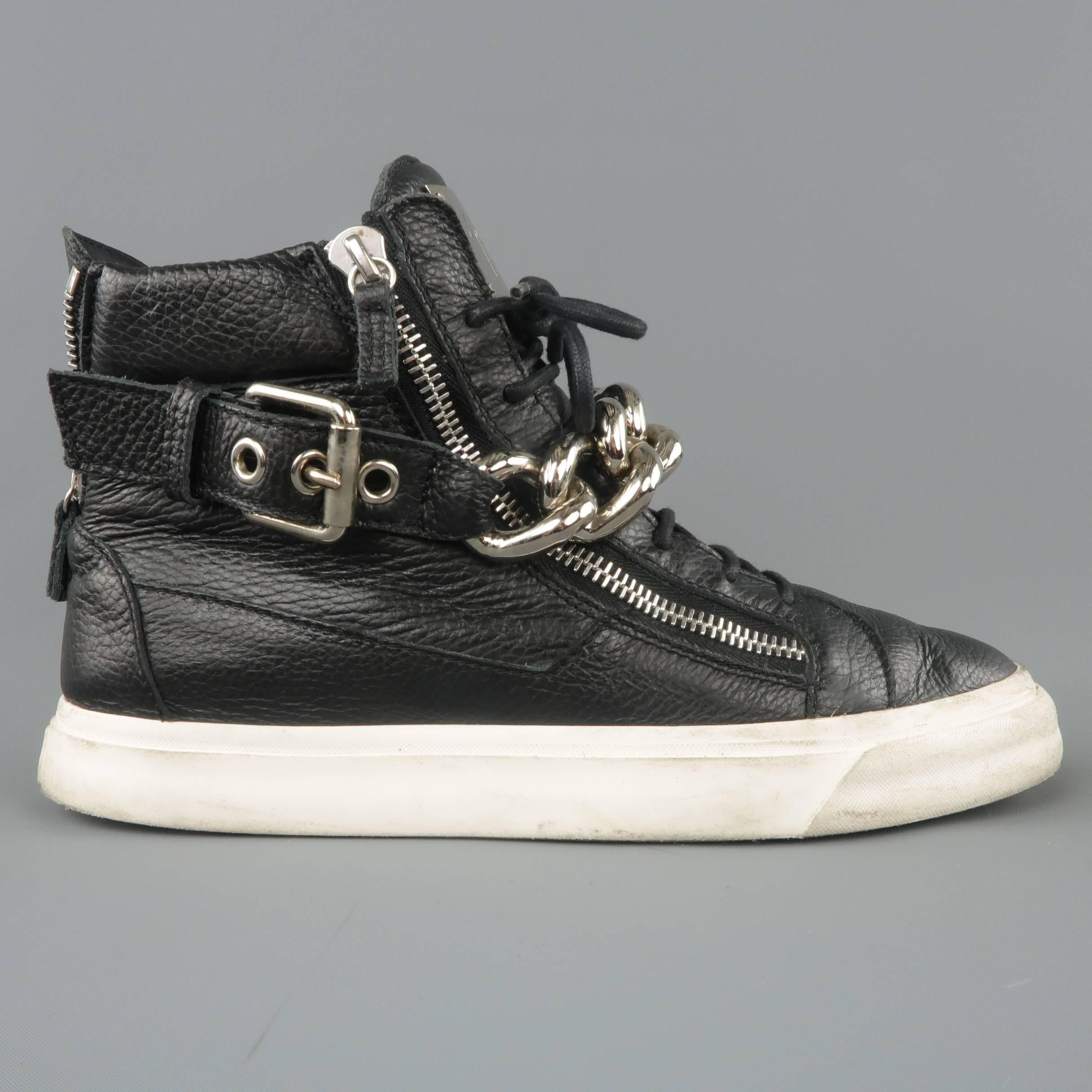 Men's GIUSEPPE ZANOTTI Sneakers 10 Black Textured Leather Silver Chain Bangle High Top
