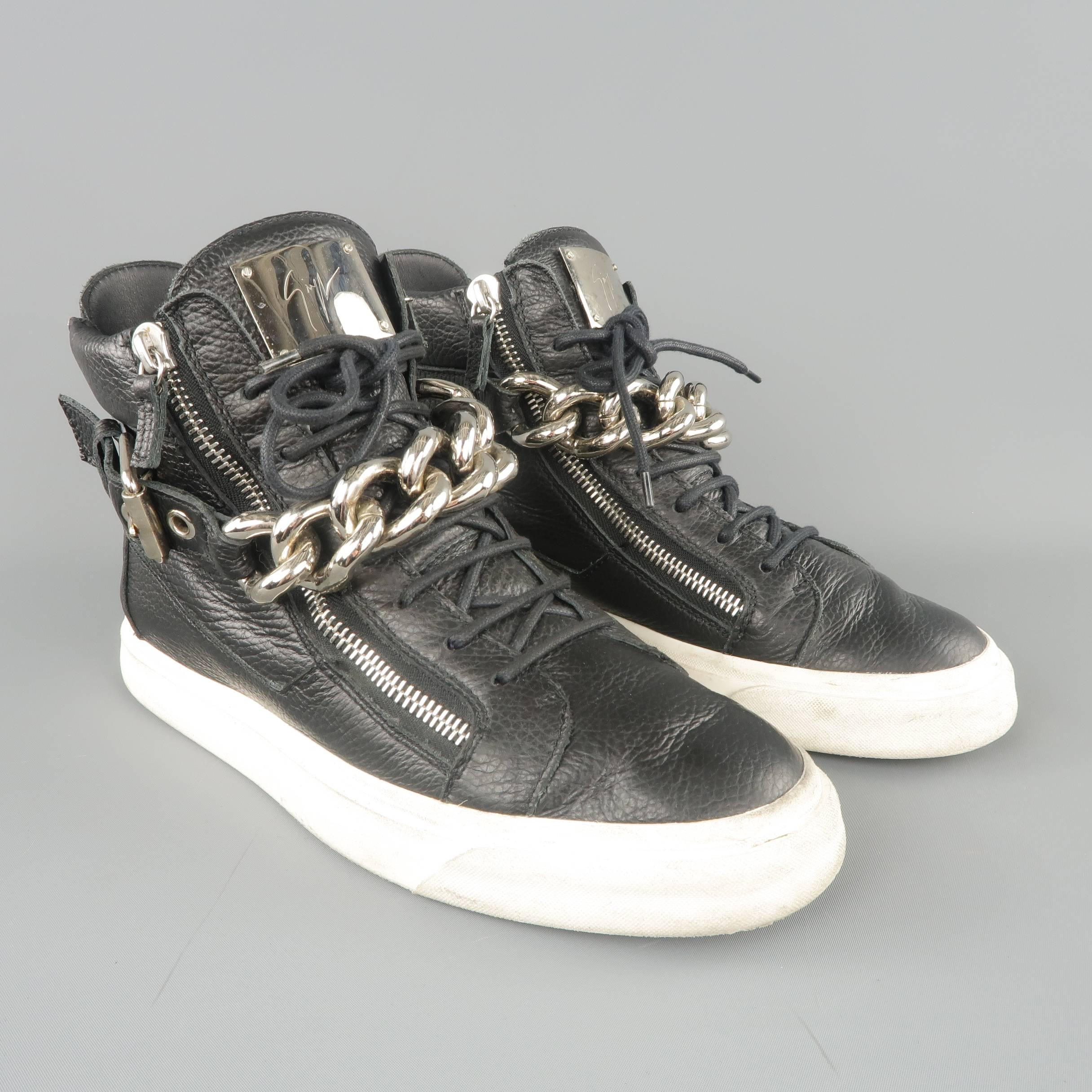 GIUSEPPE ZANOTTI Sneakers 10 Black Textured Leather Silver Chain Bangle High Top 1
