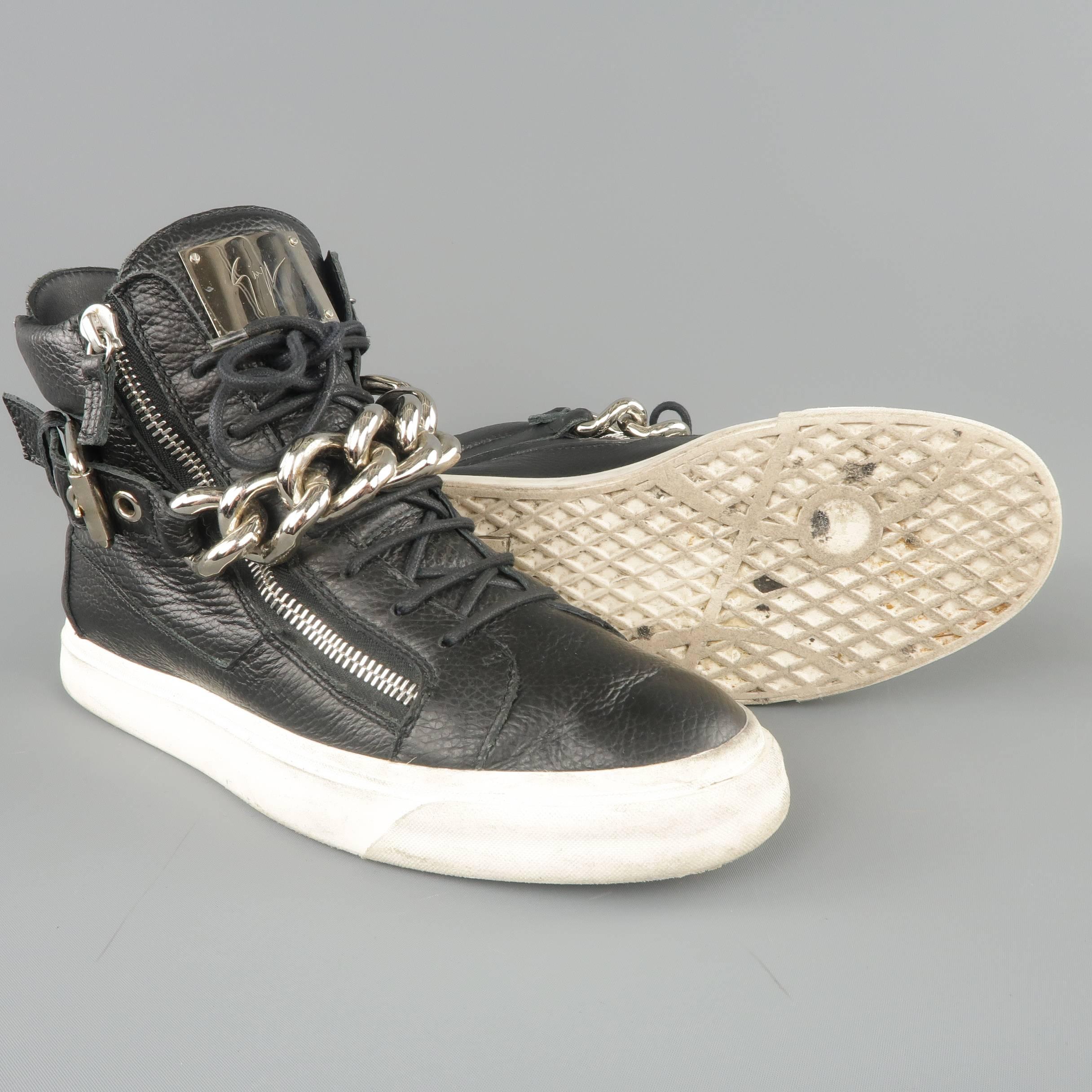 GIUSEPPE ZANOTTI Sneakers 10 Black Textured Leather Silver Chain Bangle High Top 2