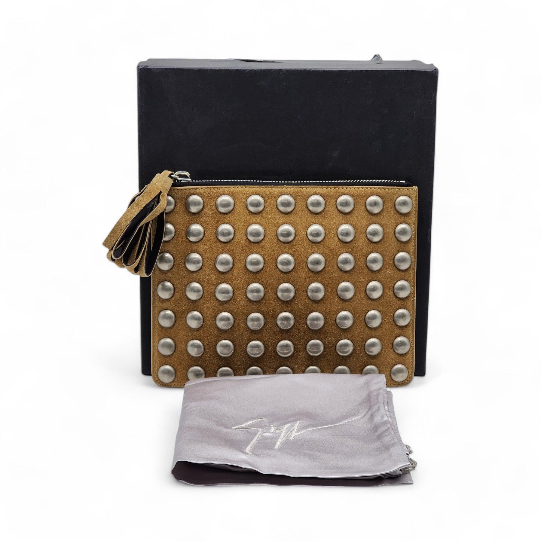 Women's Giuseppe Zanotti Studded Clutch Bag Suede in Brown For Sale