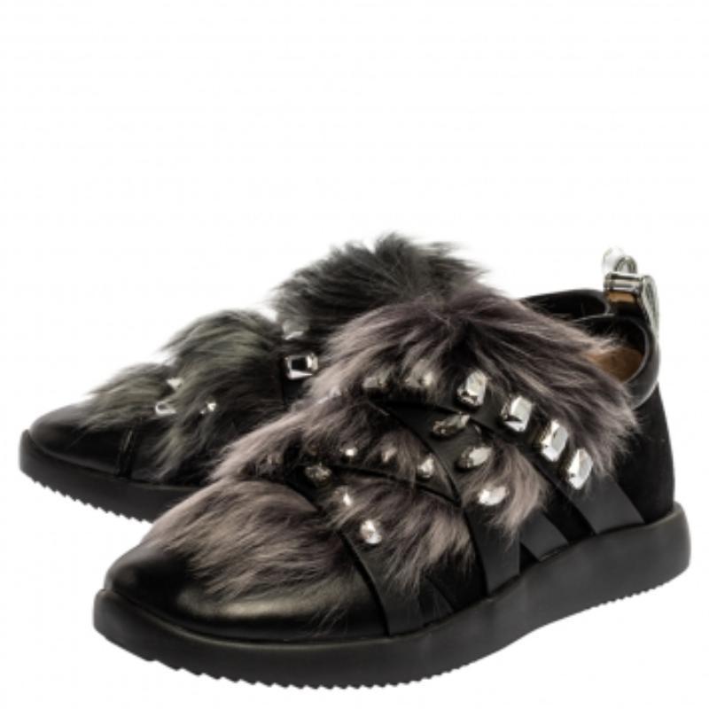 Black Giuseppe Zanotti Suede and Fur Christie Crystal Slip On Sneakers Size 39 For Sale