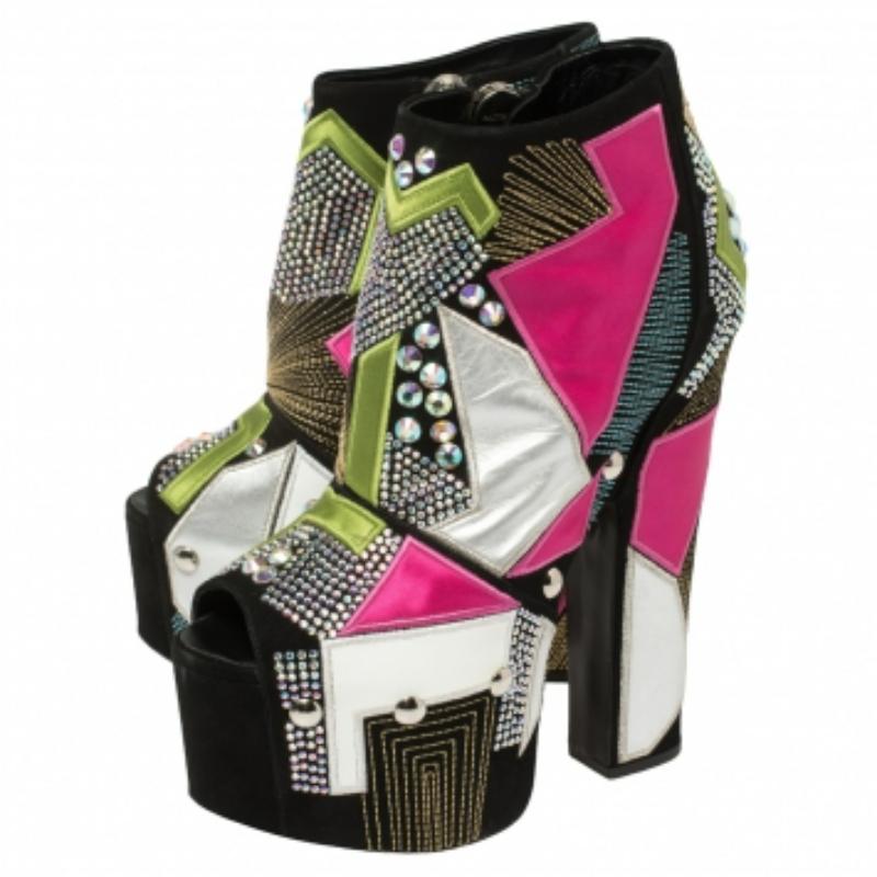 Giuseppe Zanotti Suede And Leather Geometric Platform Ankle Booties Size 39 In Good Condition For Sale In Dubai, Al Qouz 2