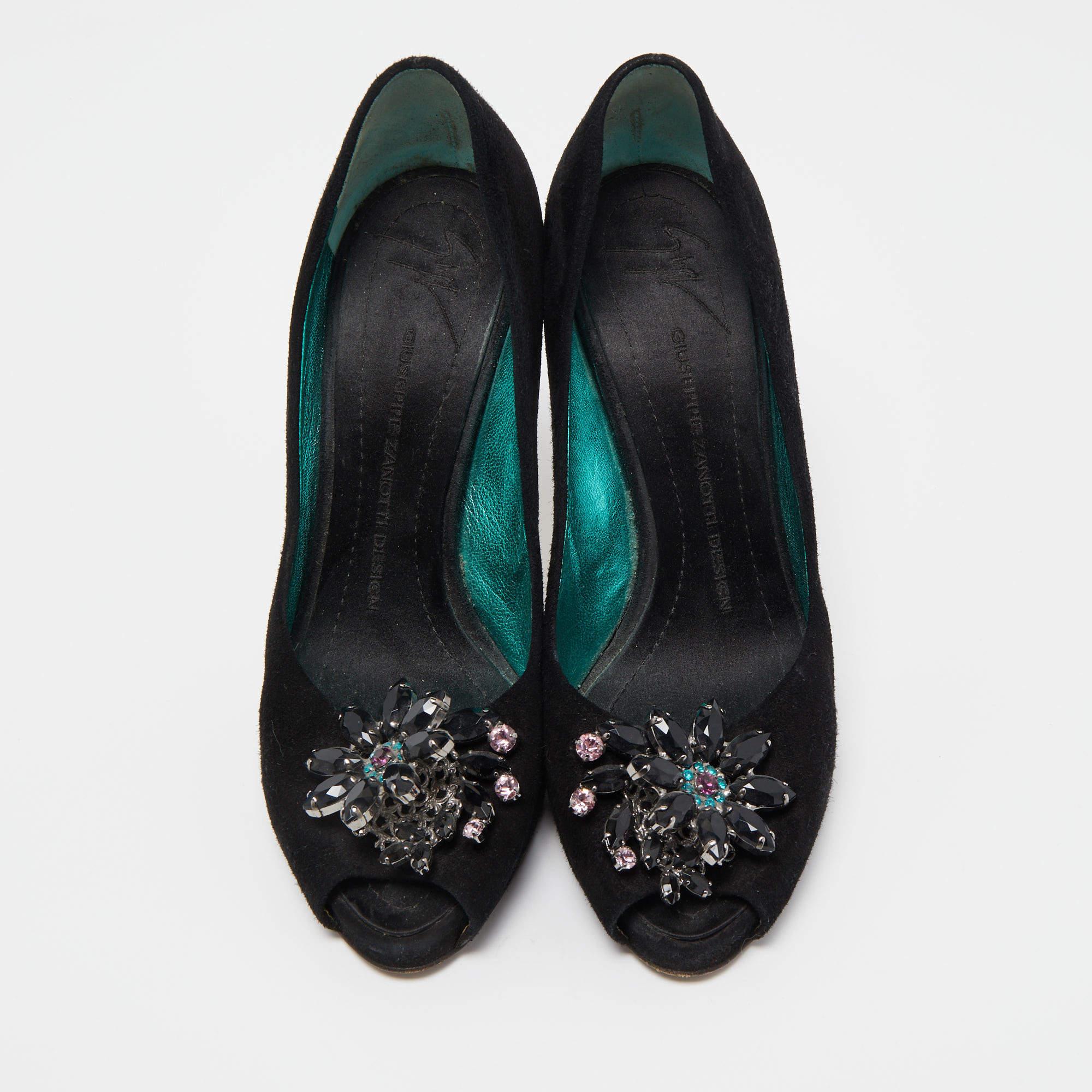 Black Giuseppe Zanotti Suede Crystal Embellished Peep Toe Platform Pumps Size 37.5 For Sale