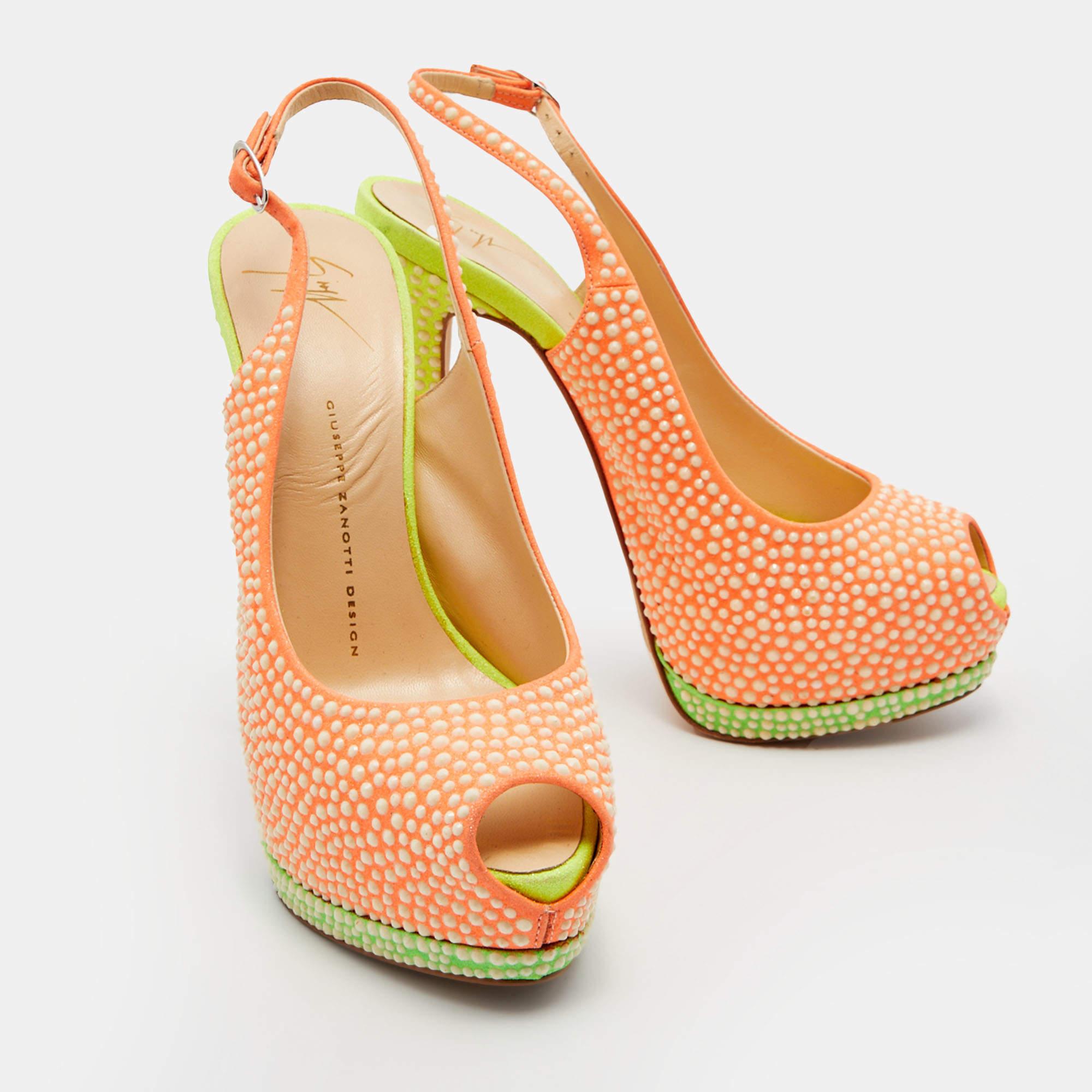 Orange Giuseppe Zanotti Suede Crystal Embellished Peep Toe Slingback Pumps Size 39 For Sale