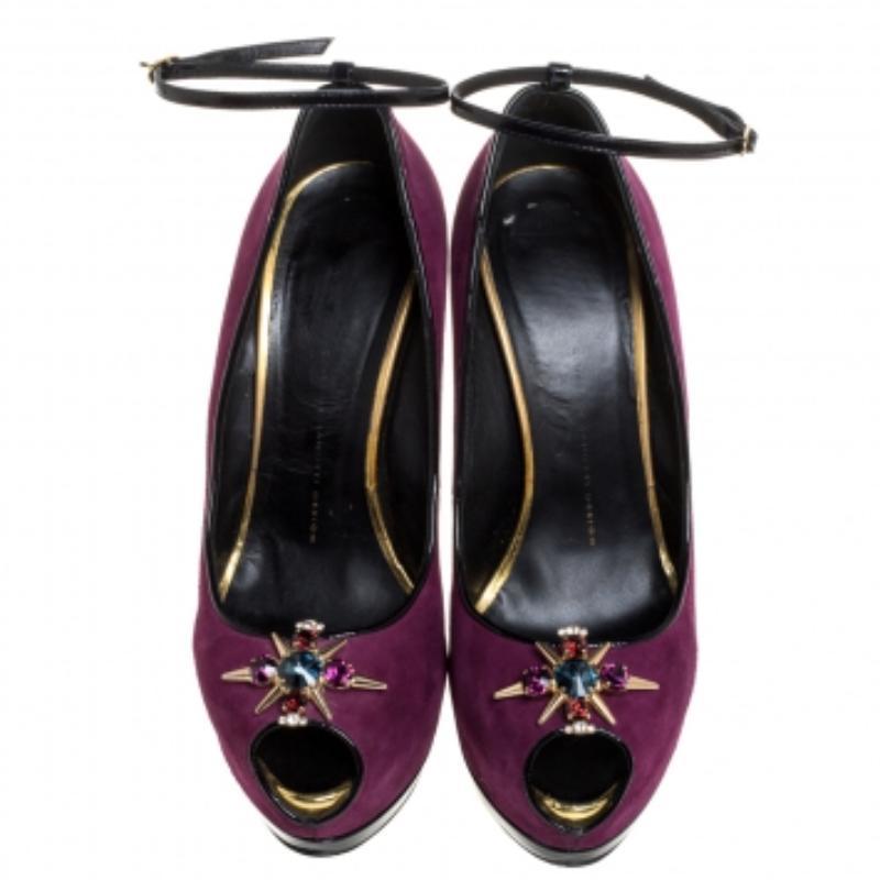 Women's Giuseppe Zanotti Suede Crystal Embellished Pep Toe Ankle Strap Pumps Size 40 For Sale