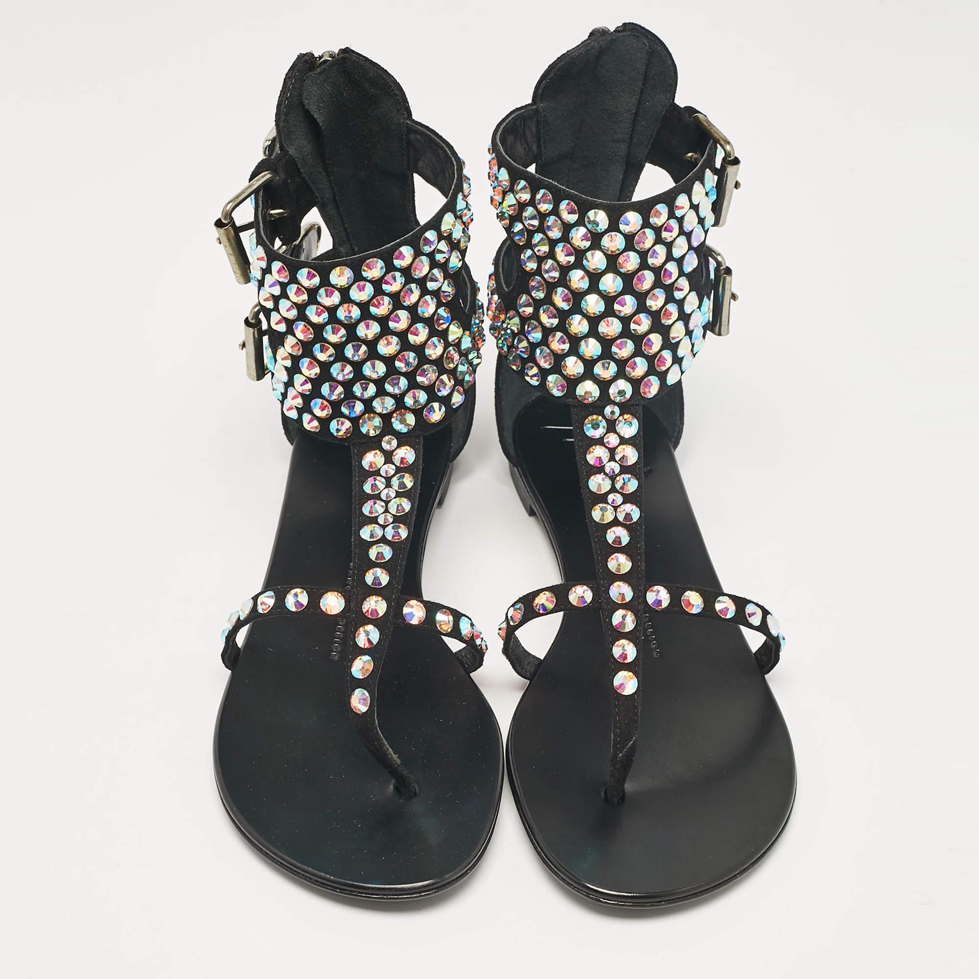 Black Giuseppe Zanotti Suede Crystal Embellished Thong Ankle Cuff Flat Sandals Size 37