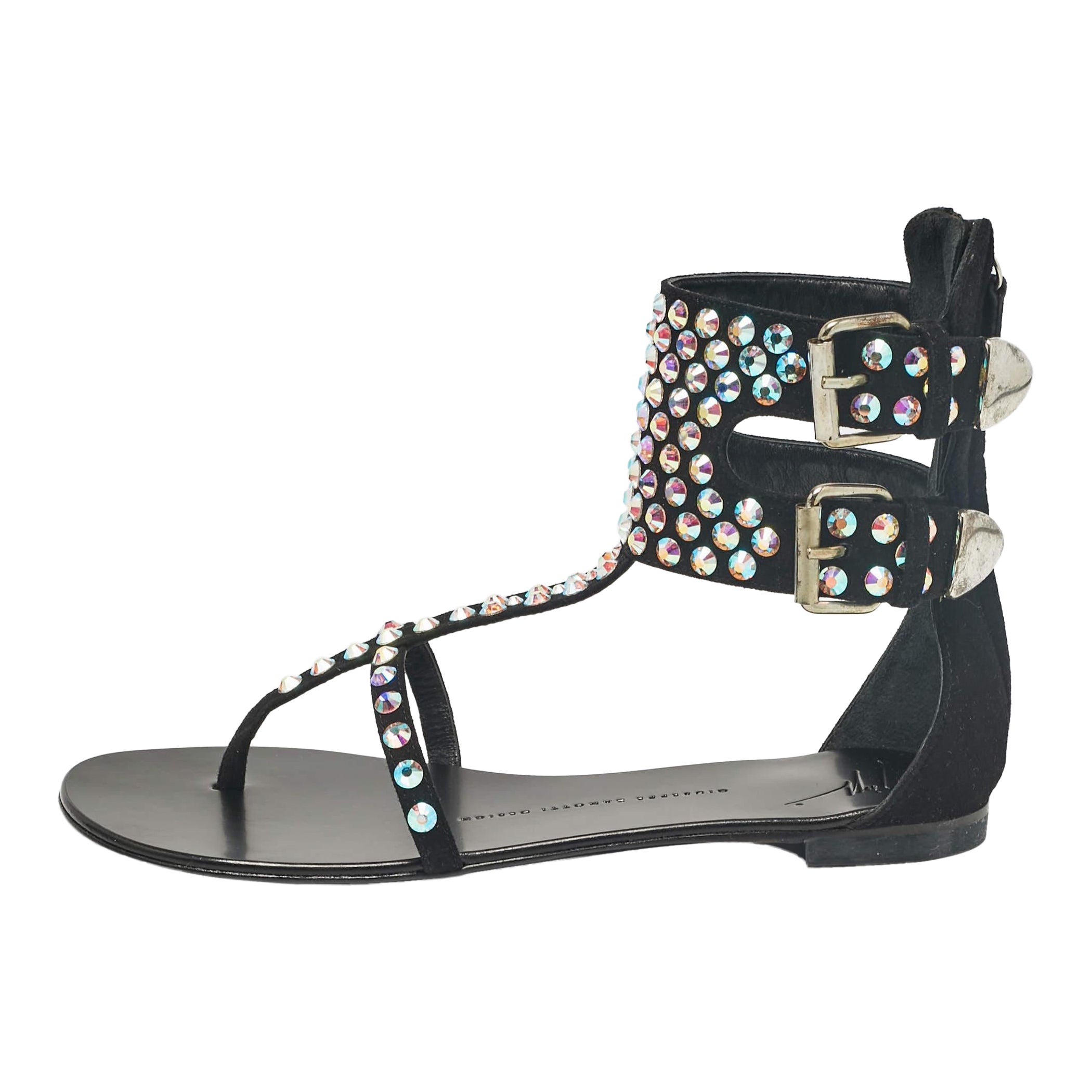 Giuseppe Zanotti Suede Crystal Embellished Thong Ankle Cuff Flat Sandals Size 37