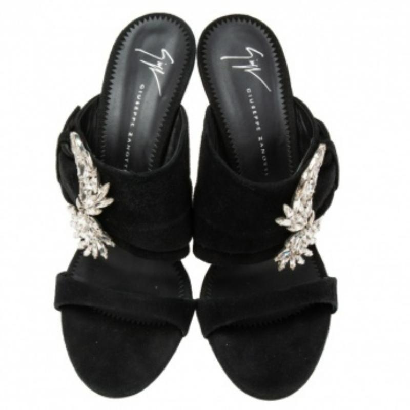 Black Giuseppe Zanotti Suede Crystal Embellished Wing Buckle Slide Sandals Size 37.5 For Sale