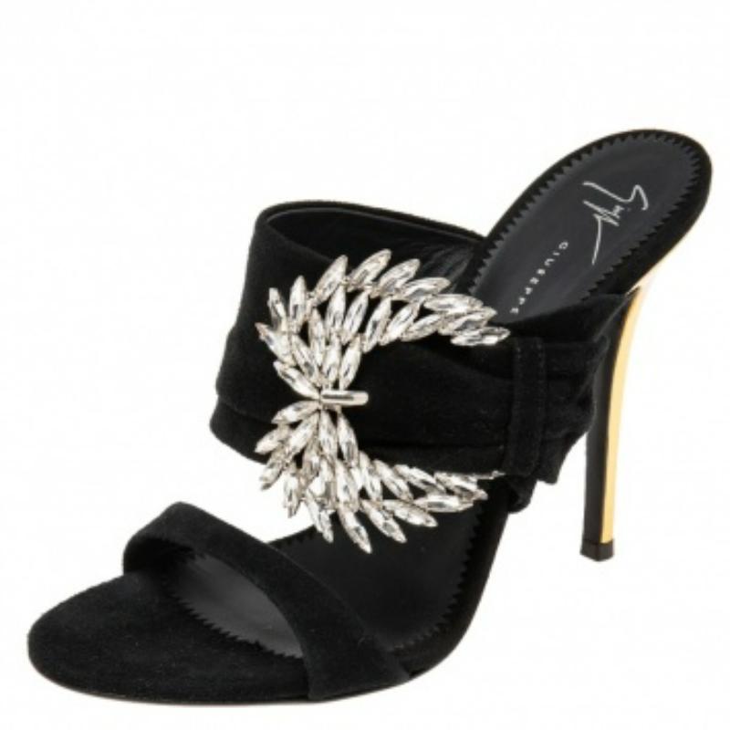 Giuseppe Zanotti Suede Crystal Embellished Wing Buckle Slide Sandals Size 37.5 For Sale 4