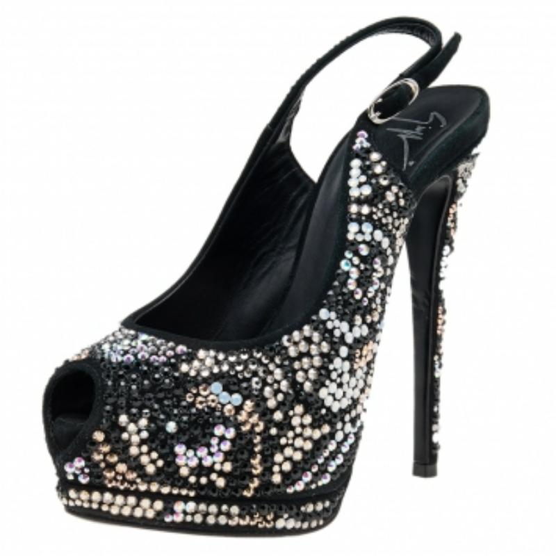 Giuseppe Zanotti Suede Crystal Sharon Peep Toe Platform Sandals Size 36 en vente 4