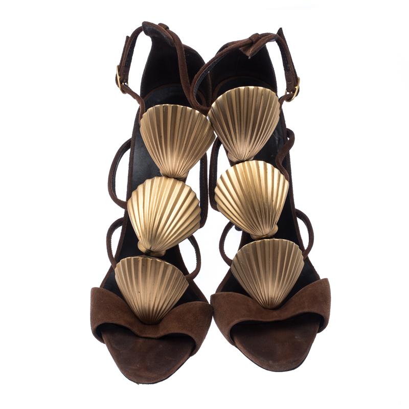 Black Giuseppe Zanotti Suede Leather Embellished Seashell Strappy Sandals Size 38