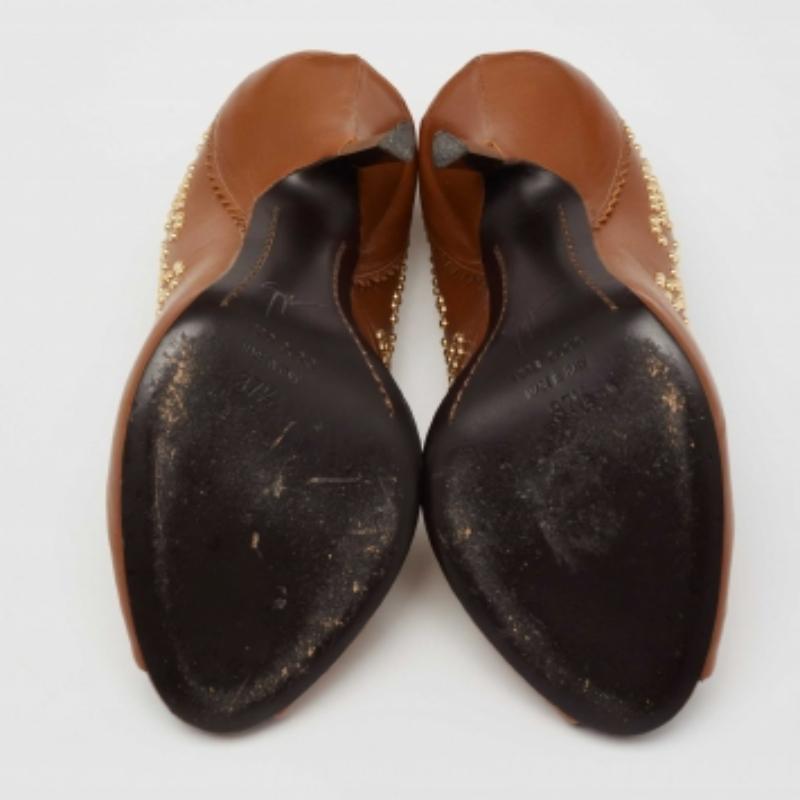 Giuseppe Zanotti Tan Studded Leather Peep-Toe Pumps Size 37.5 For Sale 1