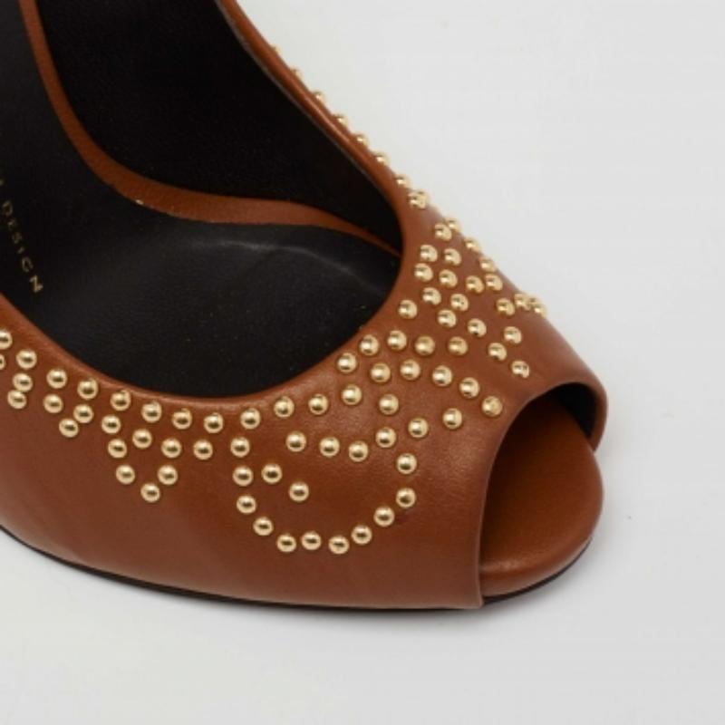 Giuseppe Zanotti Tan Studded Leather Peep-Toe Pumps Size 37.5 For Sale 2