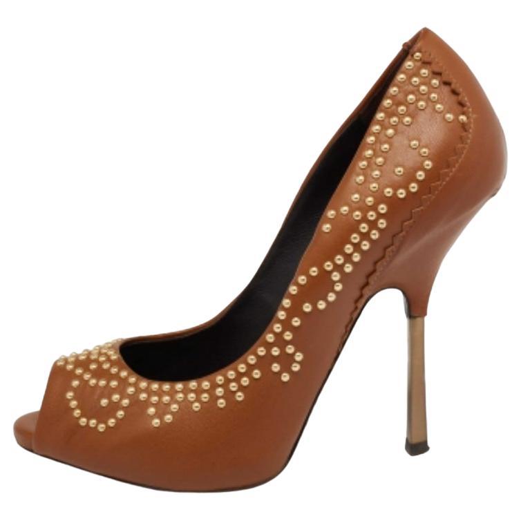 Giuseppe Zanotti Tan Studded Leather Peep-Toe Pumps Size 37.5 For Sale