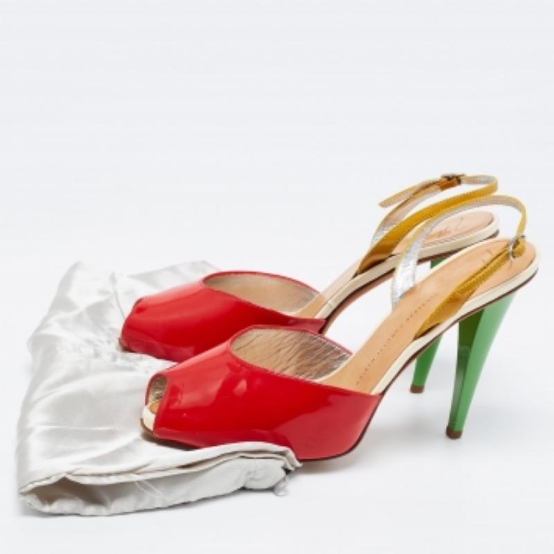 Giuseppe Zanotti - Sandales à bout ouvert en cuir verni tricolore, taille 40 en vente 5