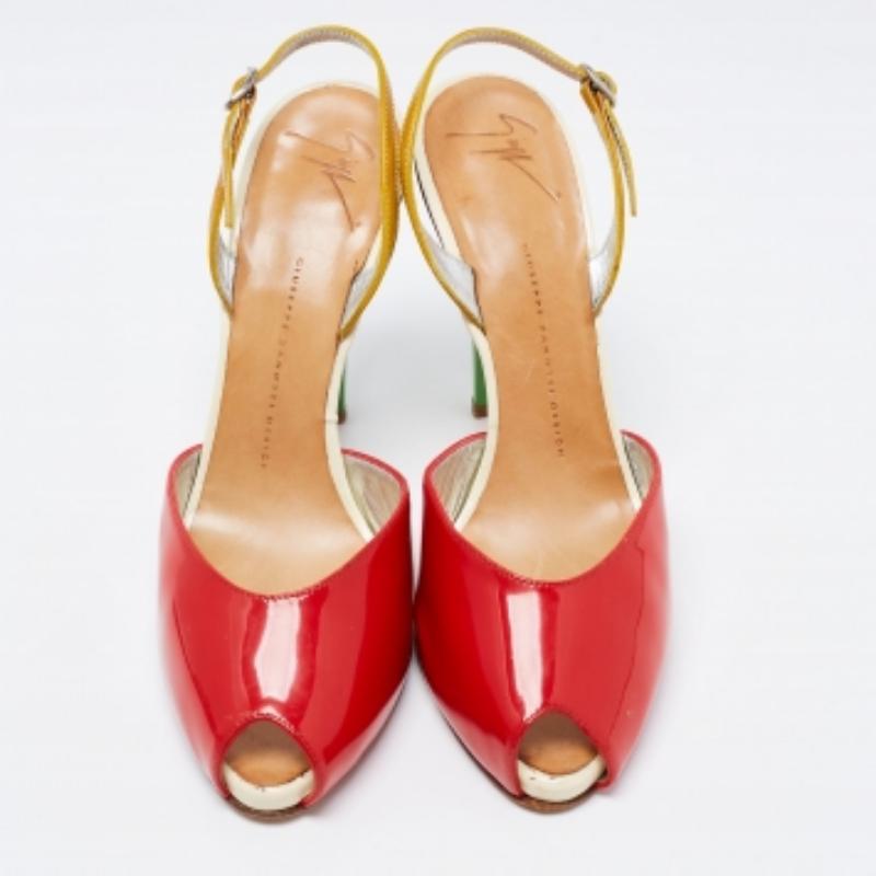 Giuseppe Zanotti - Sandales à bout ouvert en cuir verni tricolore, taille 40 en vente 3
