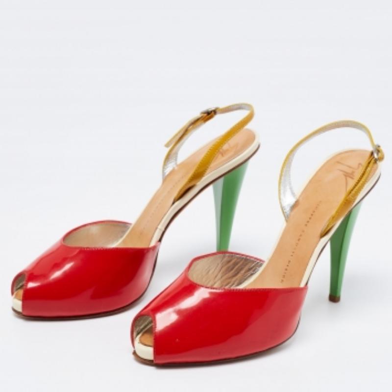 Giuseppe Zanotti - Sandales à bout ouvert en cuir verni tricolore, taille 40 en vente 4